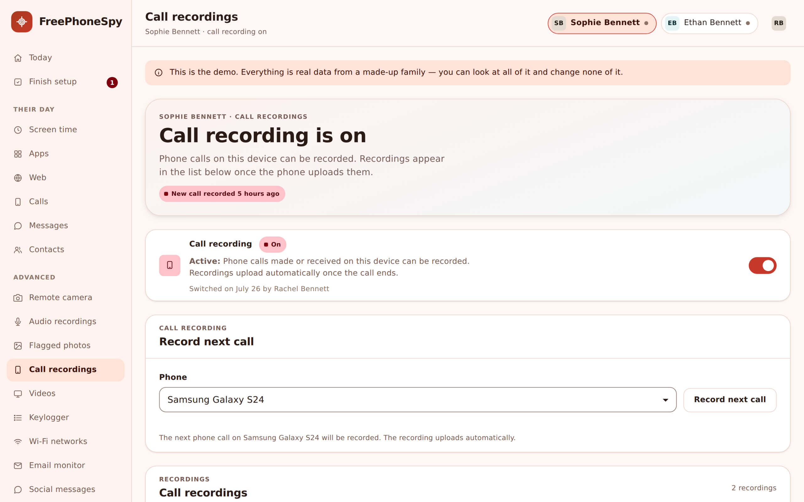 Call recordings list in FreePhoneSpy showing available recorded calls with contact, time and a play control, plus notices where recording was blocked