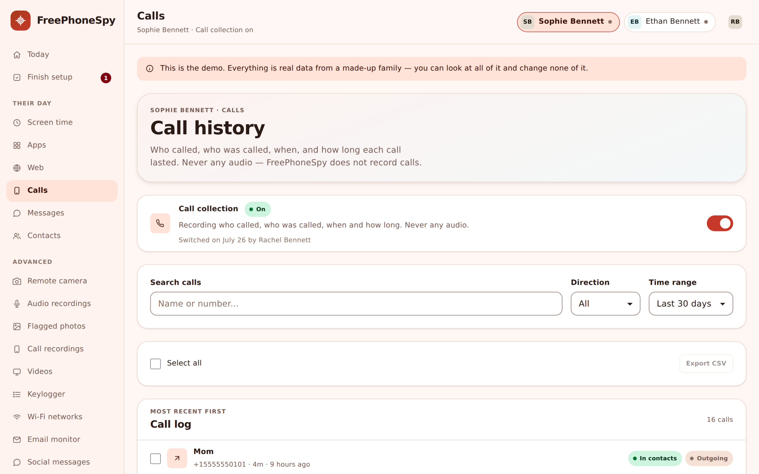 Call log in FreePhoneSpy with recording availability indicated where the Android platform permits it