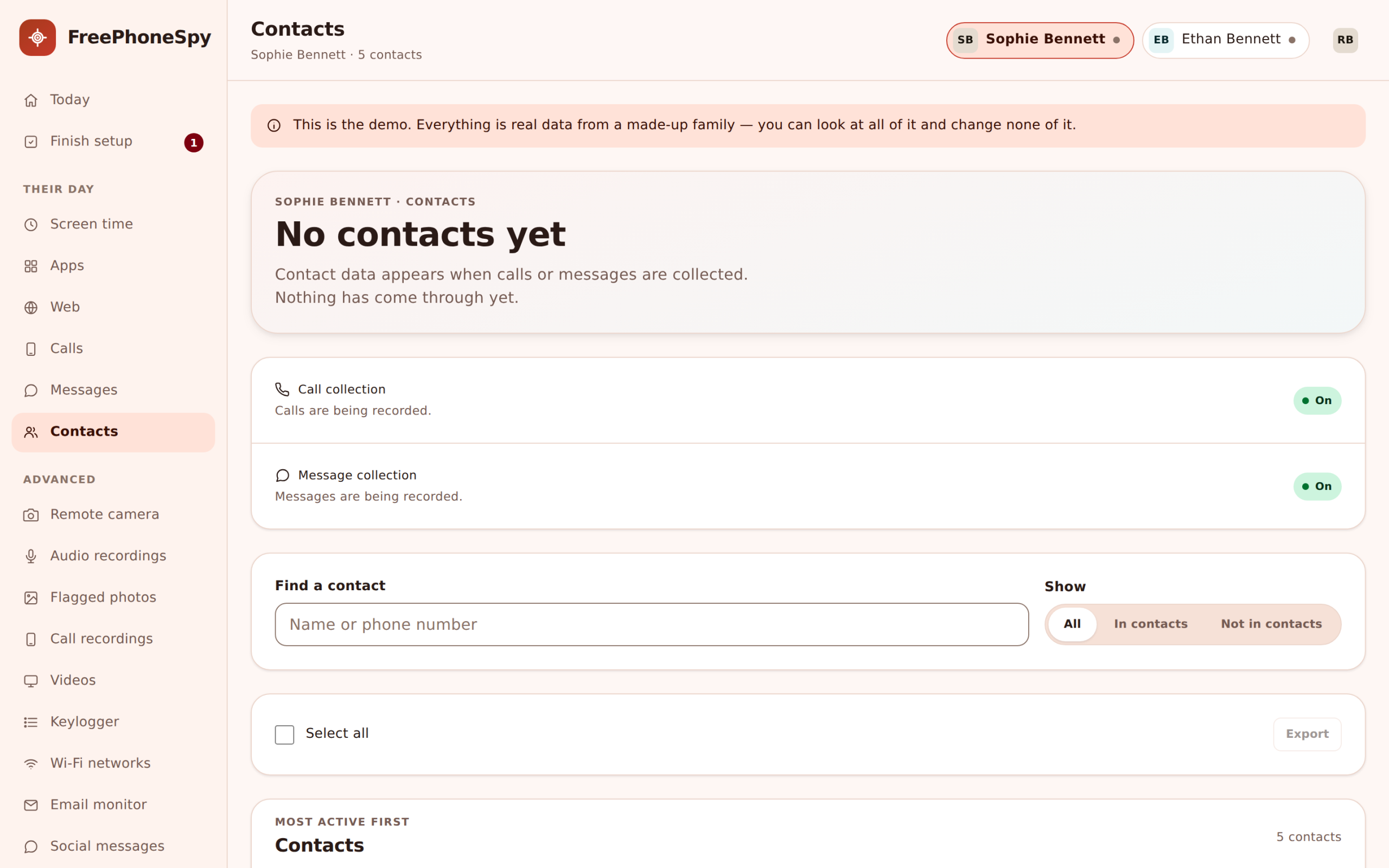 Contacts view in FreePhoneSpy showing the child's saved names alongside unknown-sender flags for numbers not in the phonebook