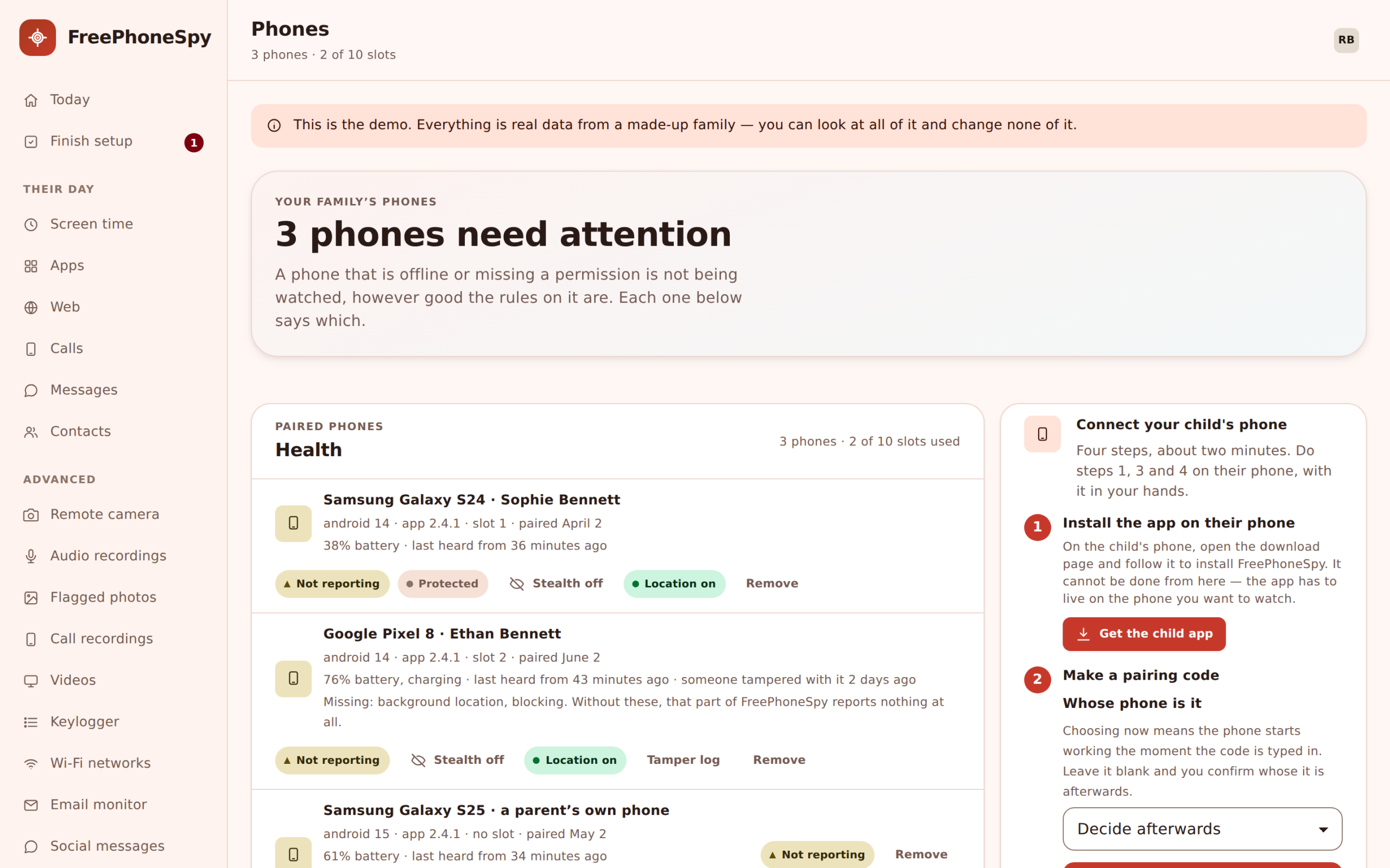Devices page in FreePhoneSpy listing paired child phones with pairing status and an option to add a device