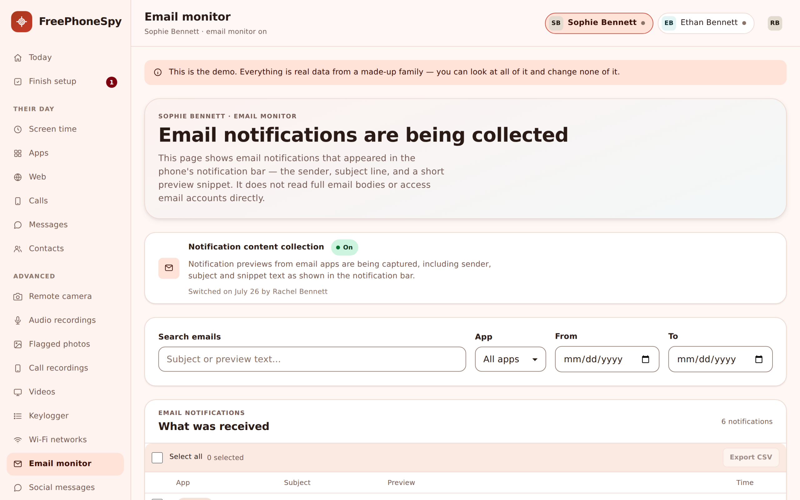 Email monitor panel showing subject and from lines for a child's incoming mail without message bodies