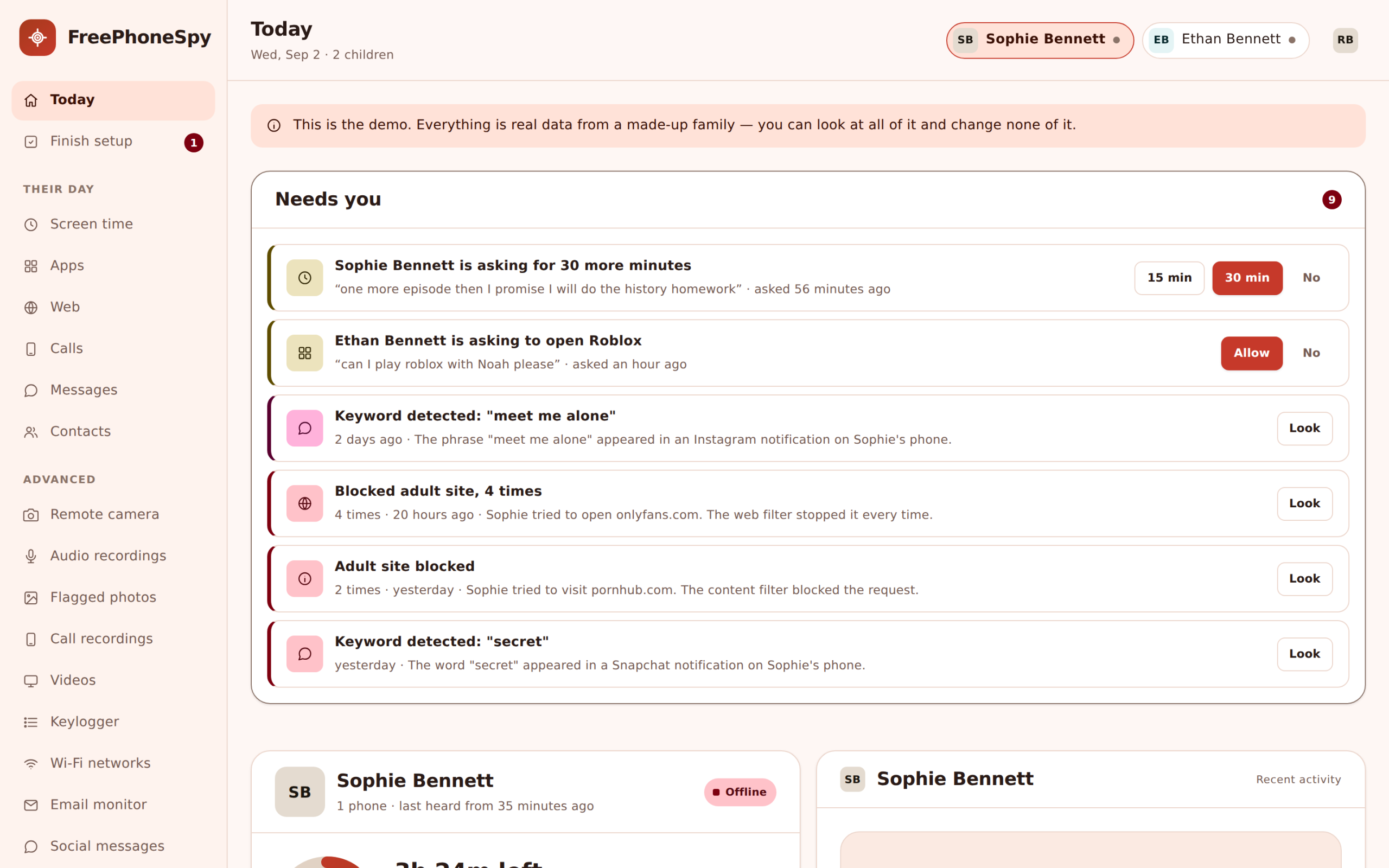 Today dashboard showing completed chores awaiting a parent's approval with minutes to be awarded