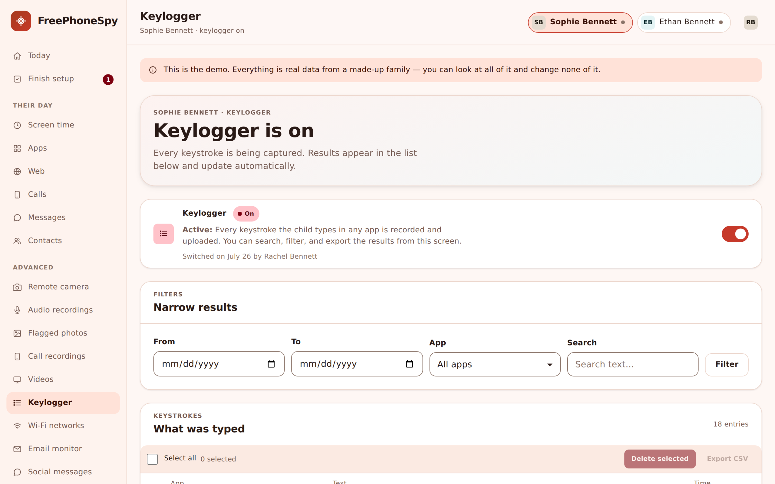 Keylogger view in FreePhoneSpy showing typed text grouped by app with a consent switch indicated
