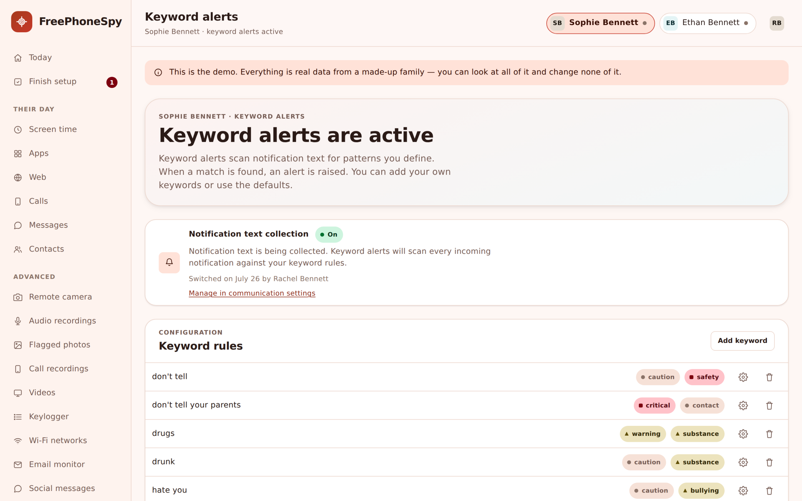 Keyword alerts screen in FreePhoneSpy showing a flagged phrase from a messaging notification with the app name and timestamp