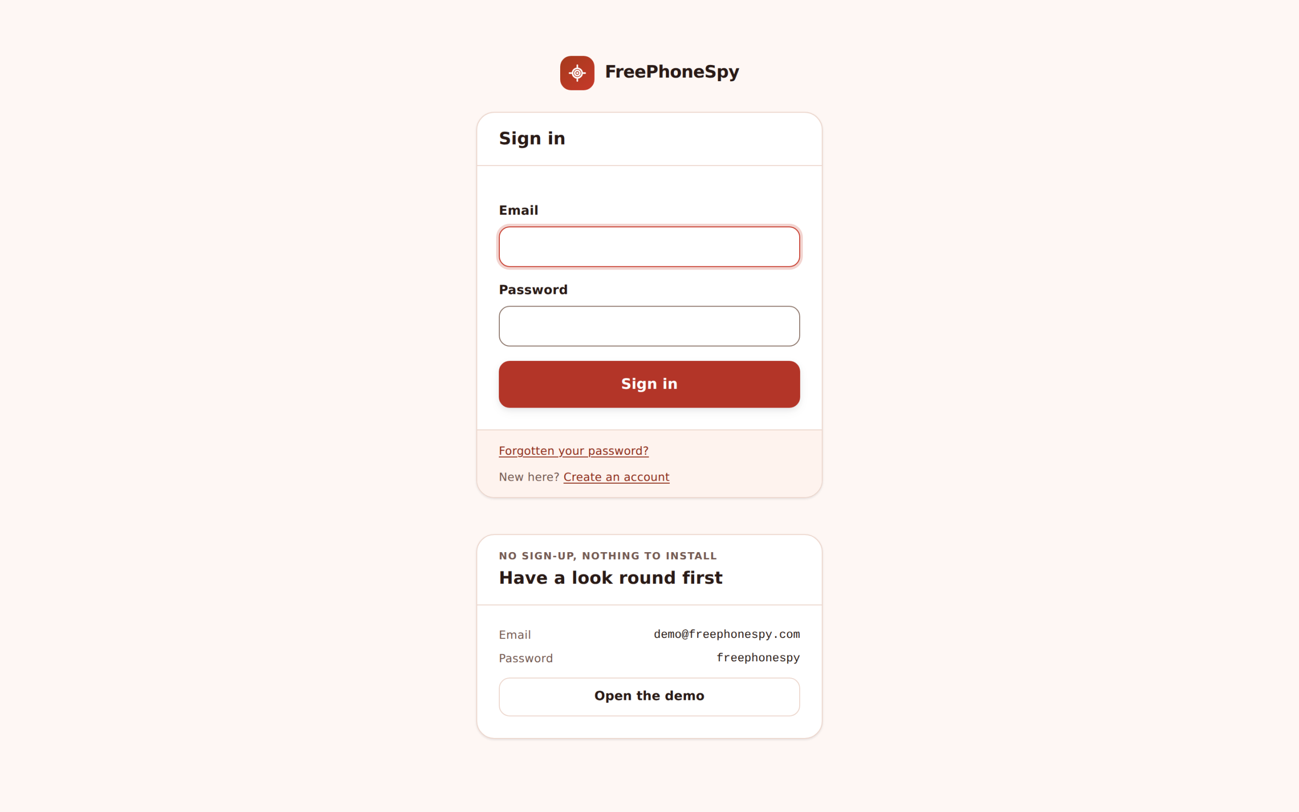 FreePhoneSpy sign-in screen with a link to open the read-only demo panel