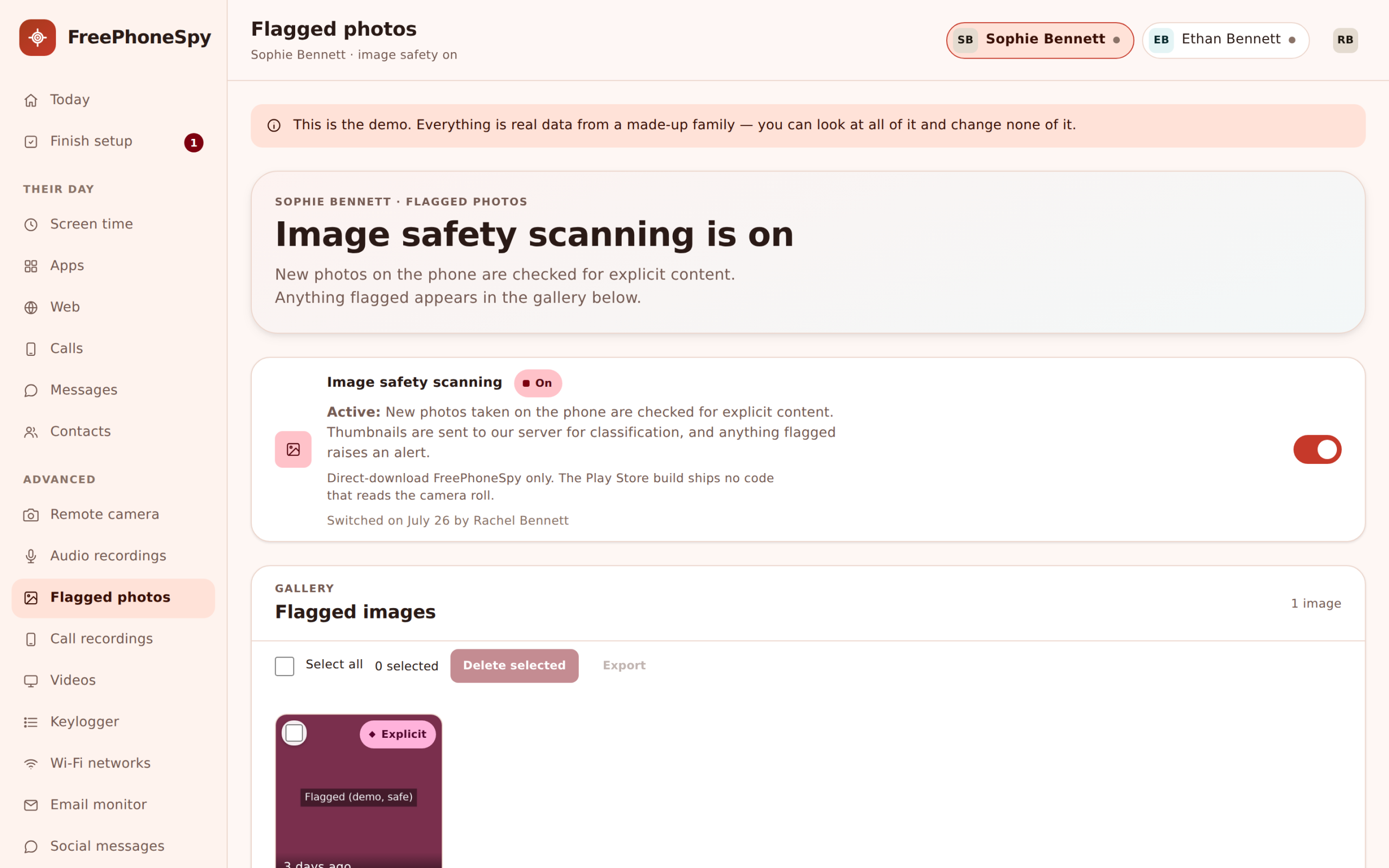 Photo gallery in the FreePhoneSpy panel showing images from a child's Android phone with dates