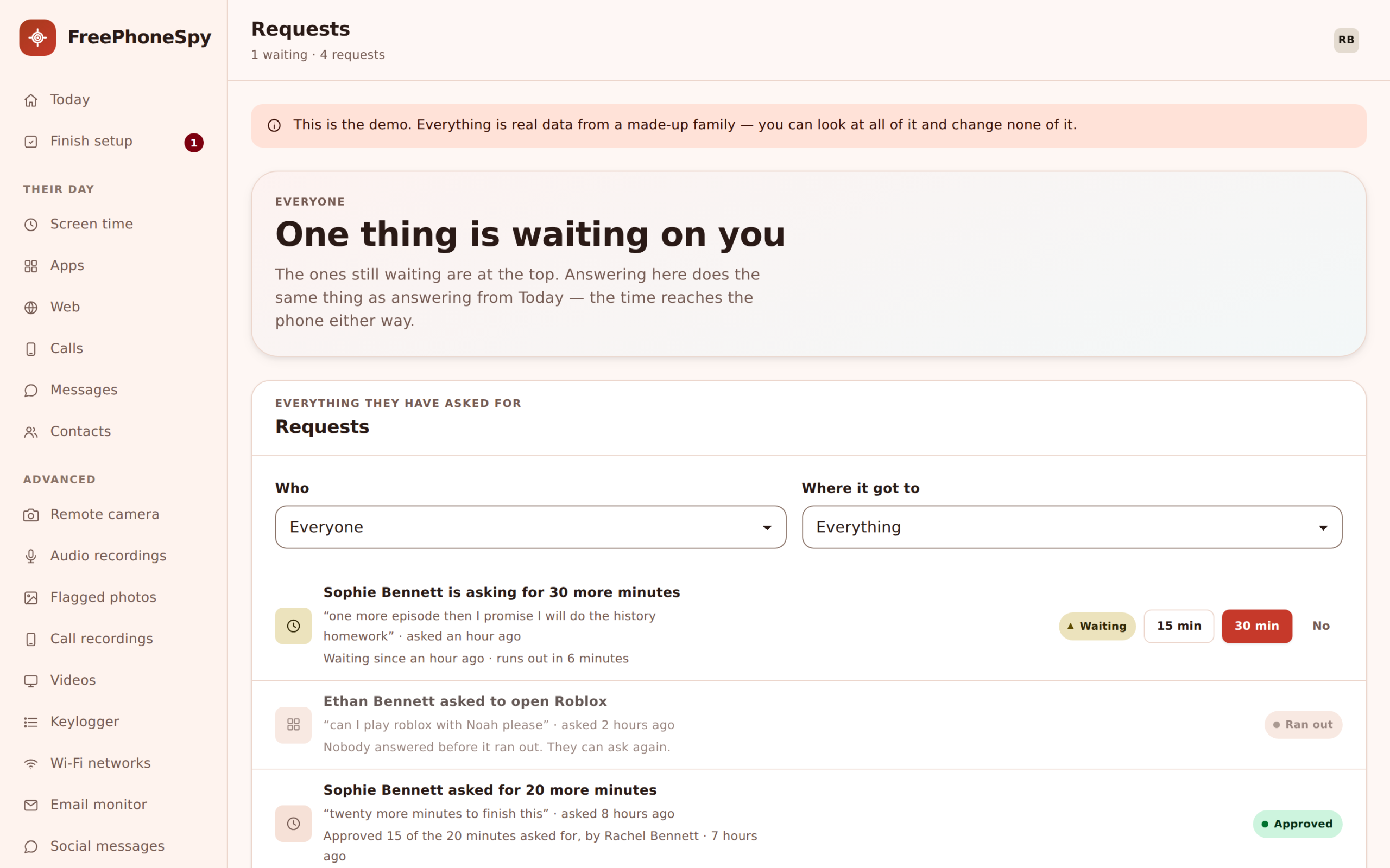 Requests and tasks panel showing extra-time asks and the tasks that unlock more days and advanced features