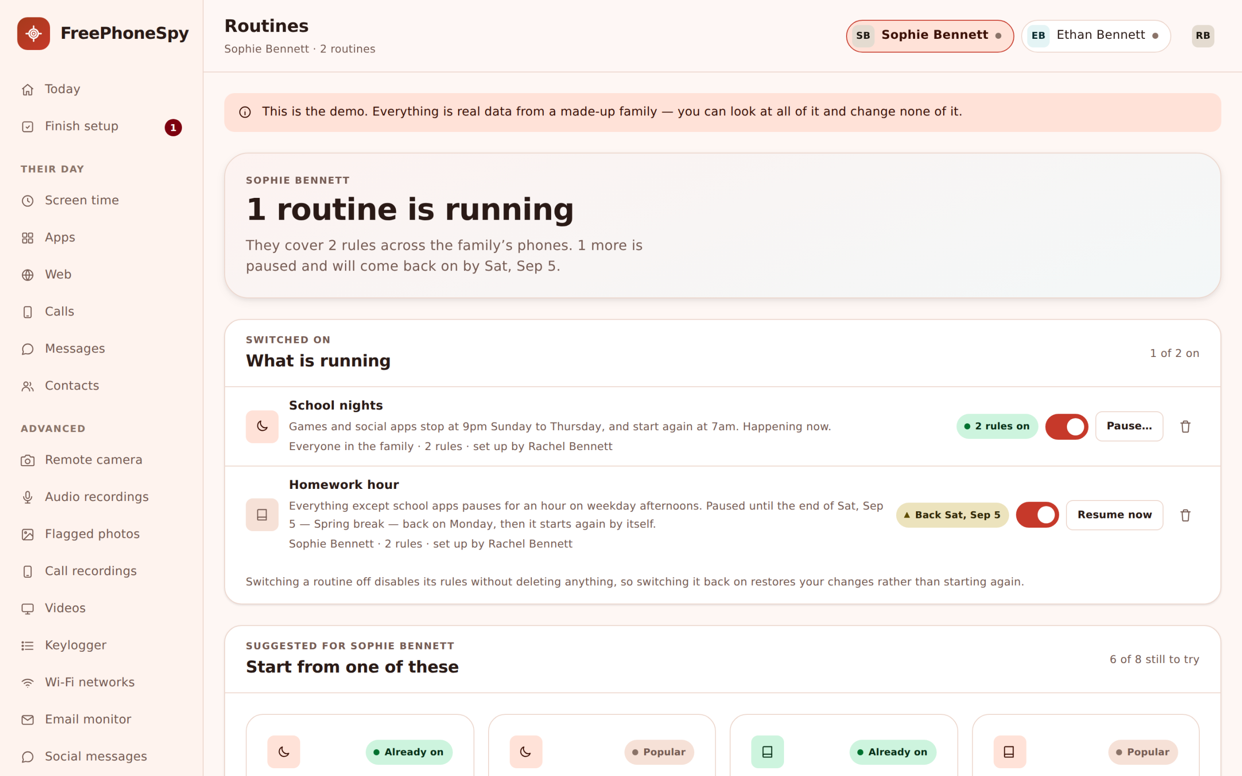 FreePhoneSpy routines panel showing Bedtime, Homework Hour and school windows with their on and off times