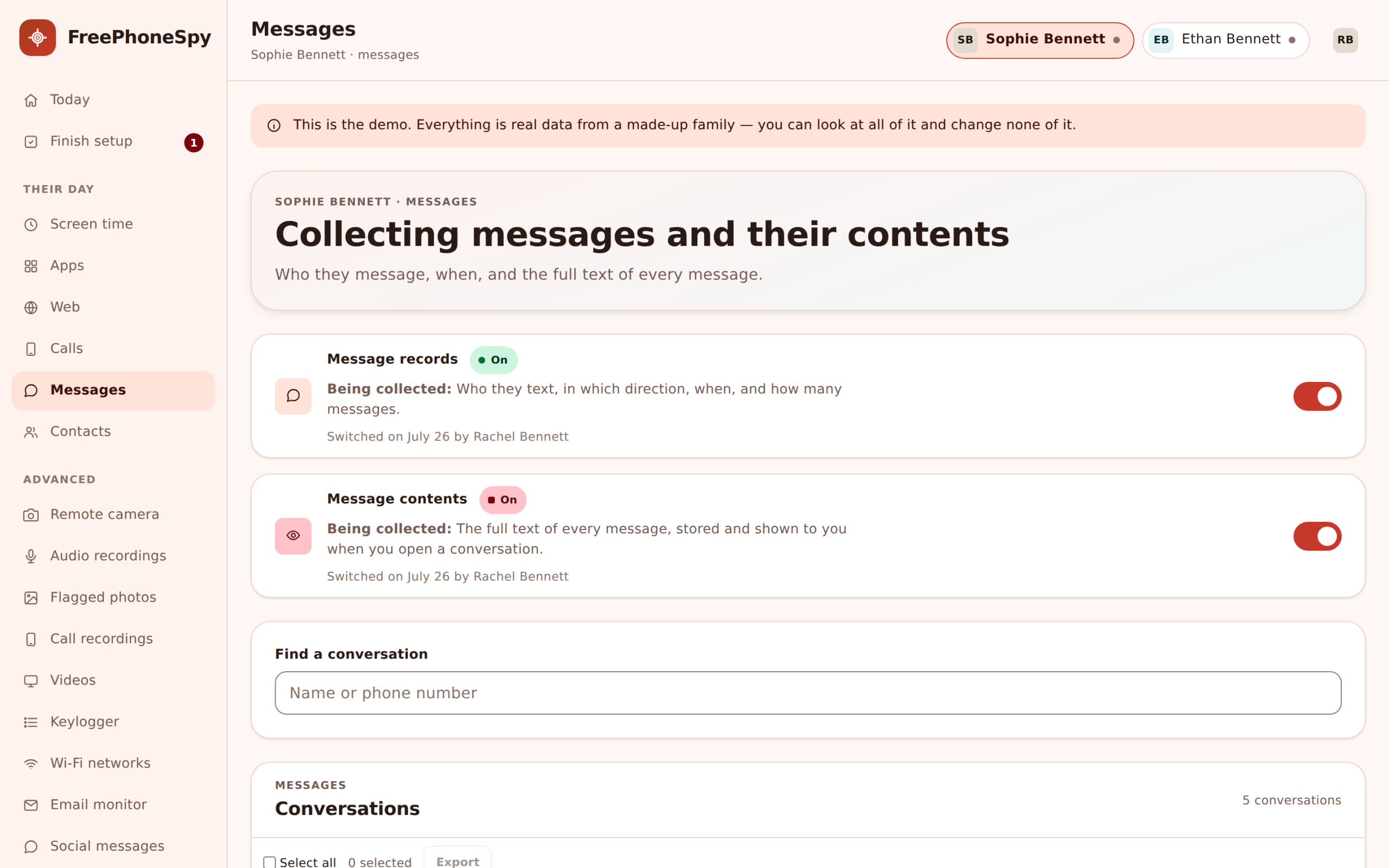 FreePhoneSpy web panel showing a child's SMS list with sender names, times and message headers