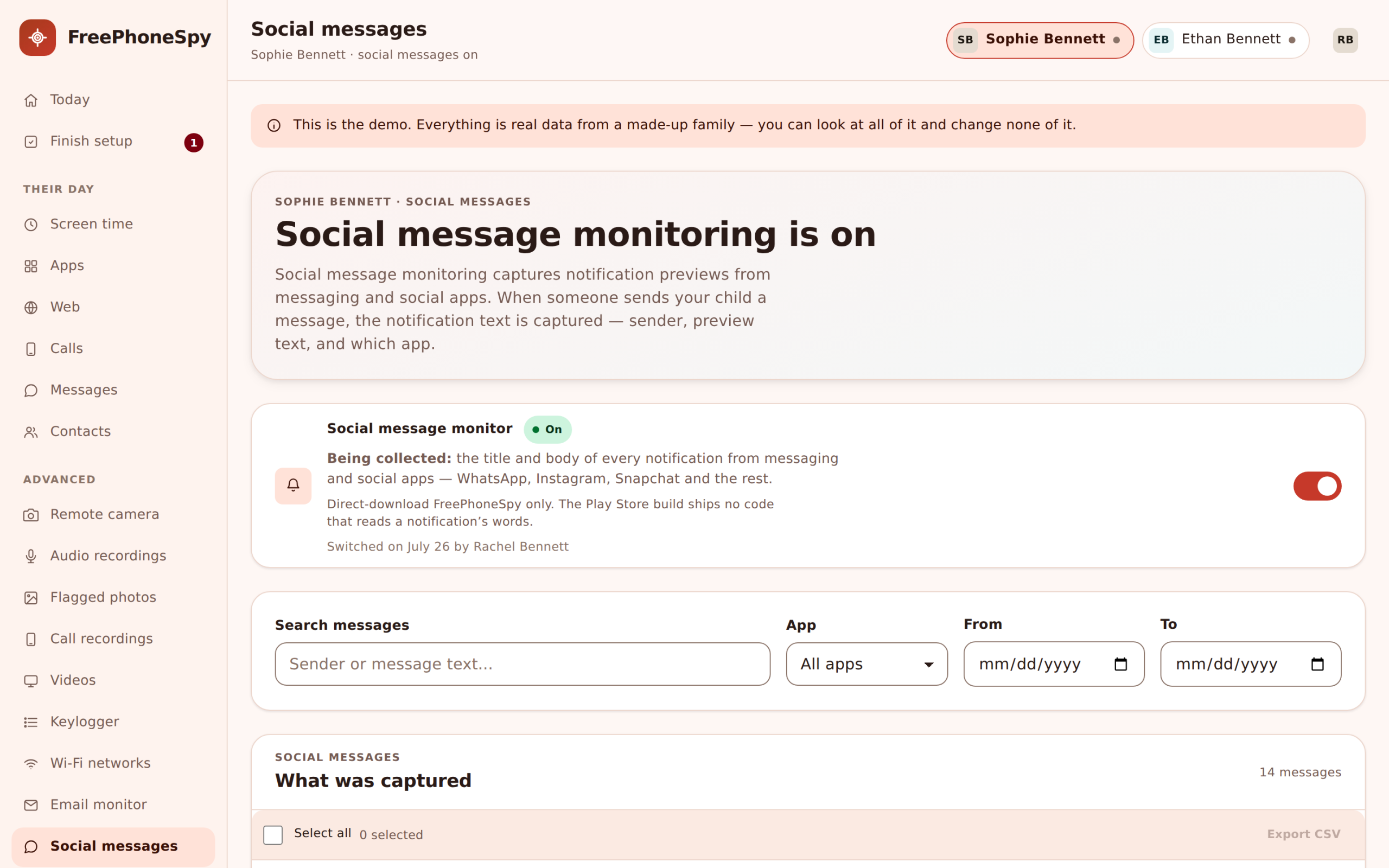 Social media monitoring view in FreePhoneSpy listing Snapchat, Instagram, WhatsApp and TikTok notification lines with senders and times