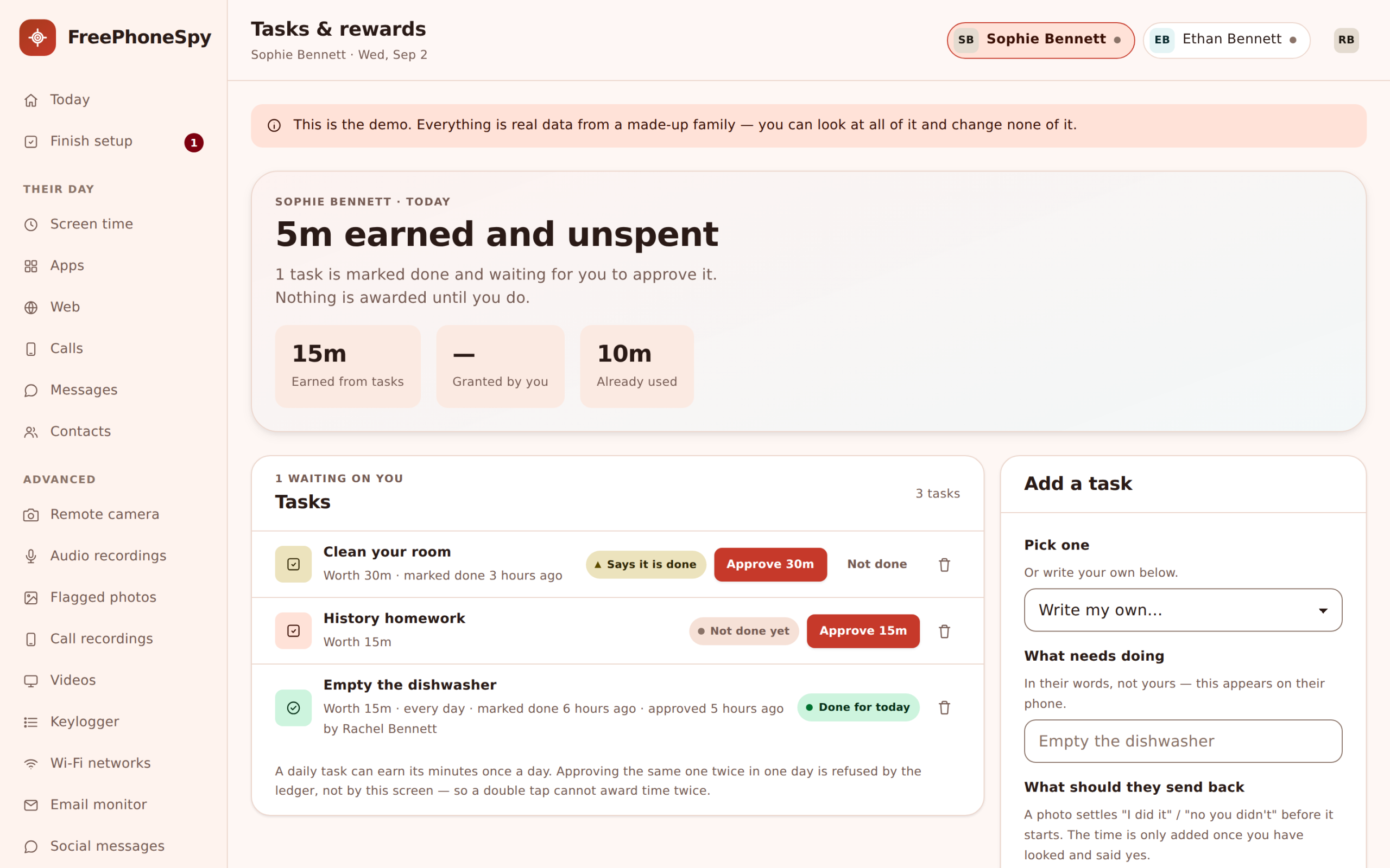 FreePhoneSpy tasks panel showing chores worth minutes with a child's completed tasks awaiting approval