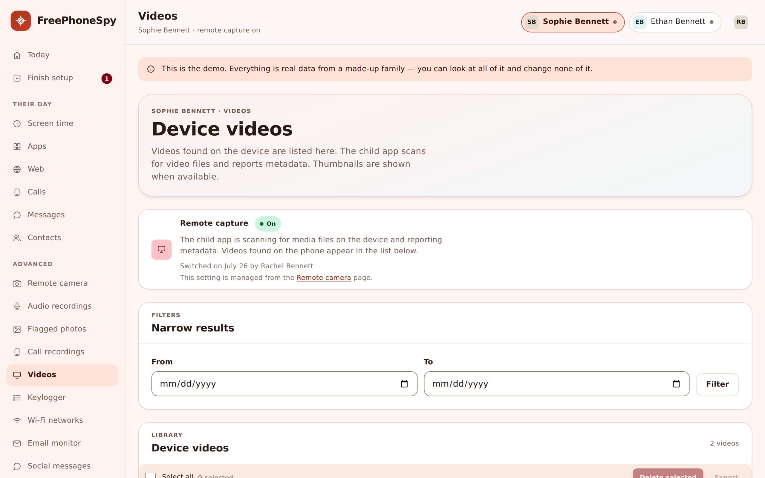 Video list in the FreePhoneSpy panel showing clips found on a child's Android device with dates and lengths