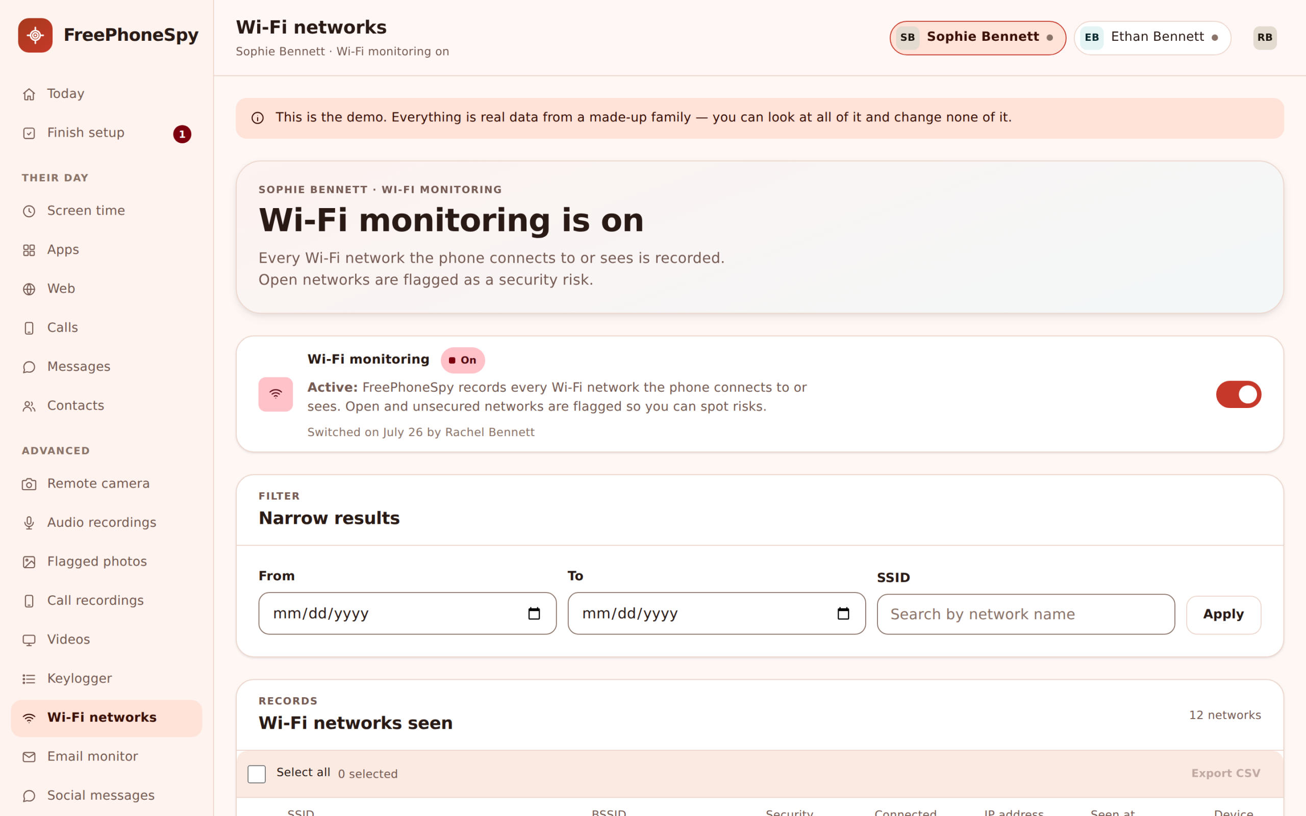 FreePhoneSpy Wi-Fi panel listing the networks a child's phone has joined with open networks flagged