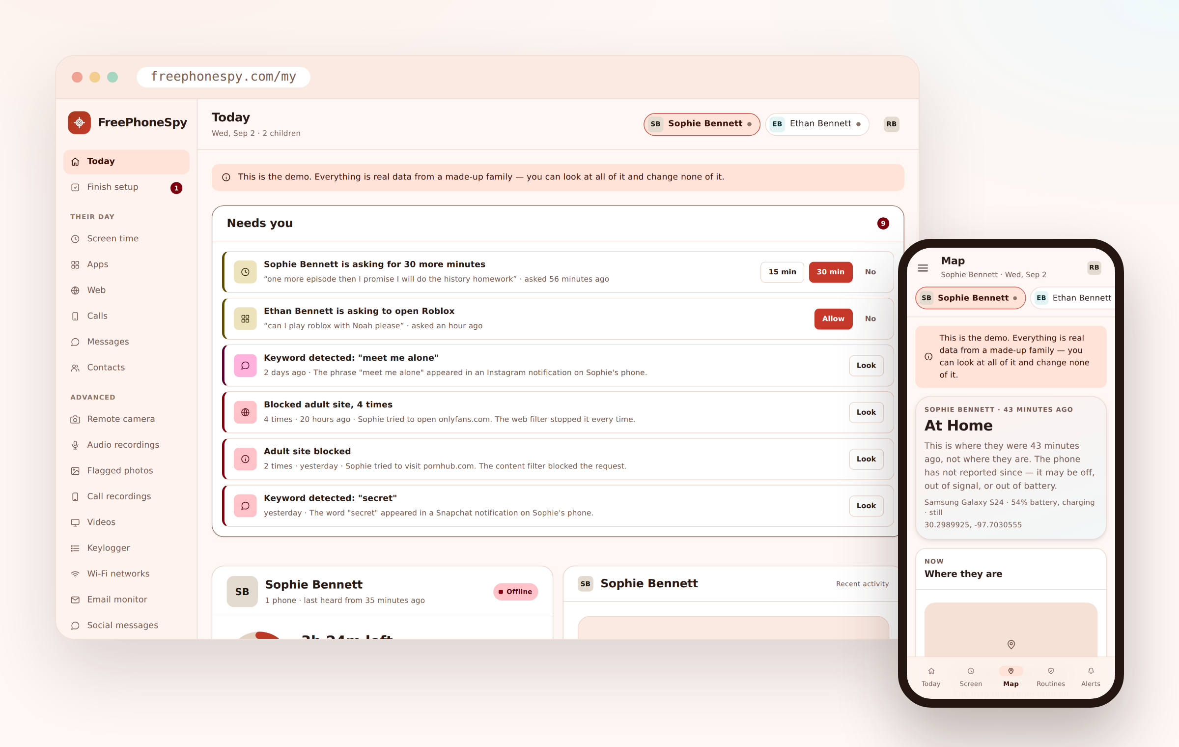 FreePhoneSpy parental control web dashboard open in a browser, showing the Today view for two children