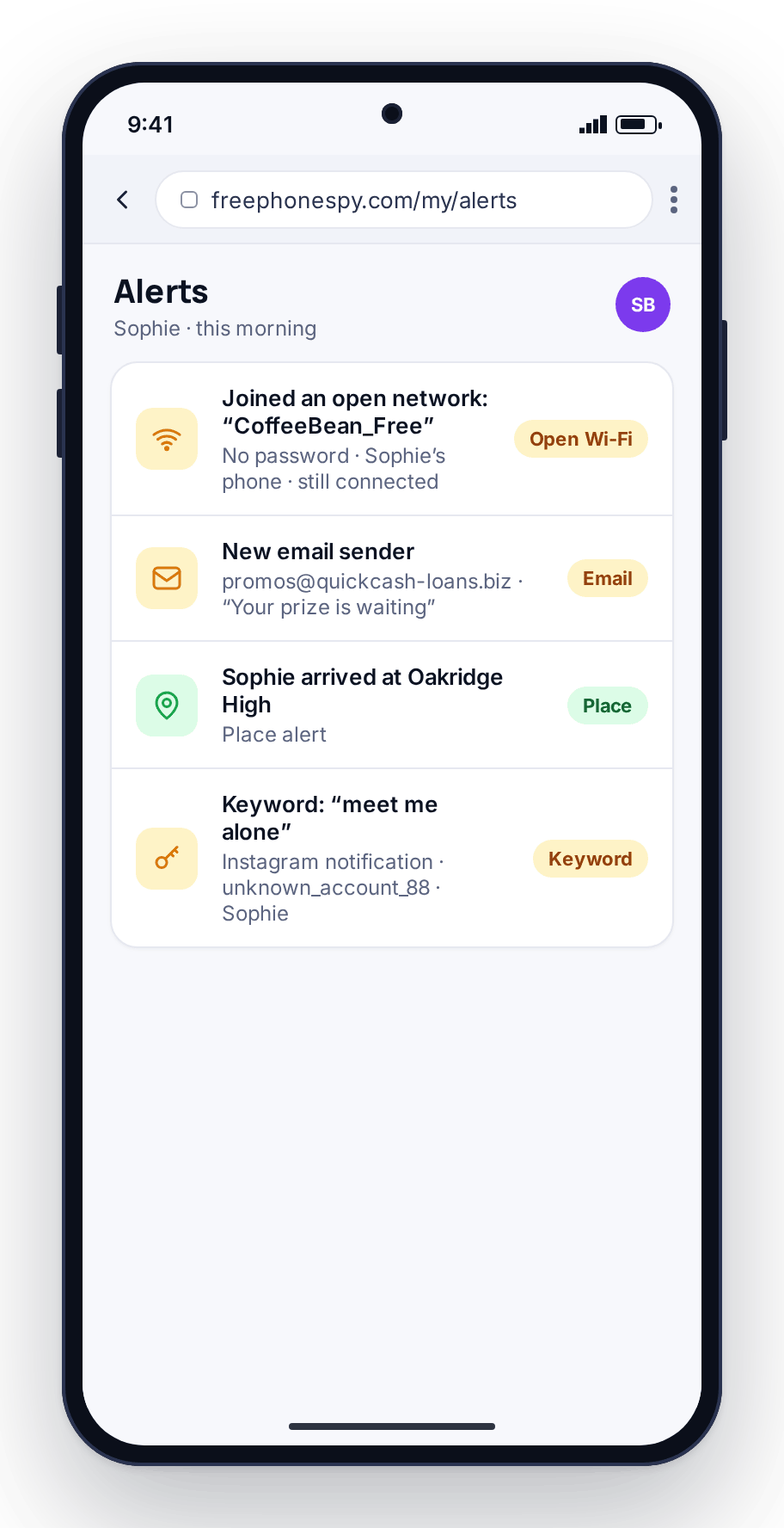 FreePhoneSpy alerts on a parent’s phone showing an open Wi-Fi warning and a new email sender