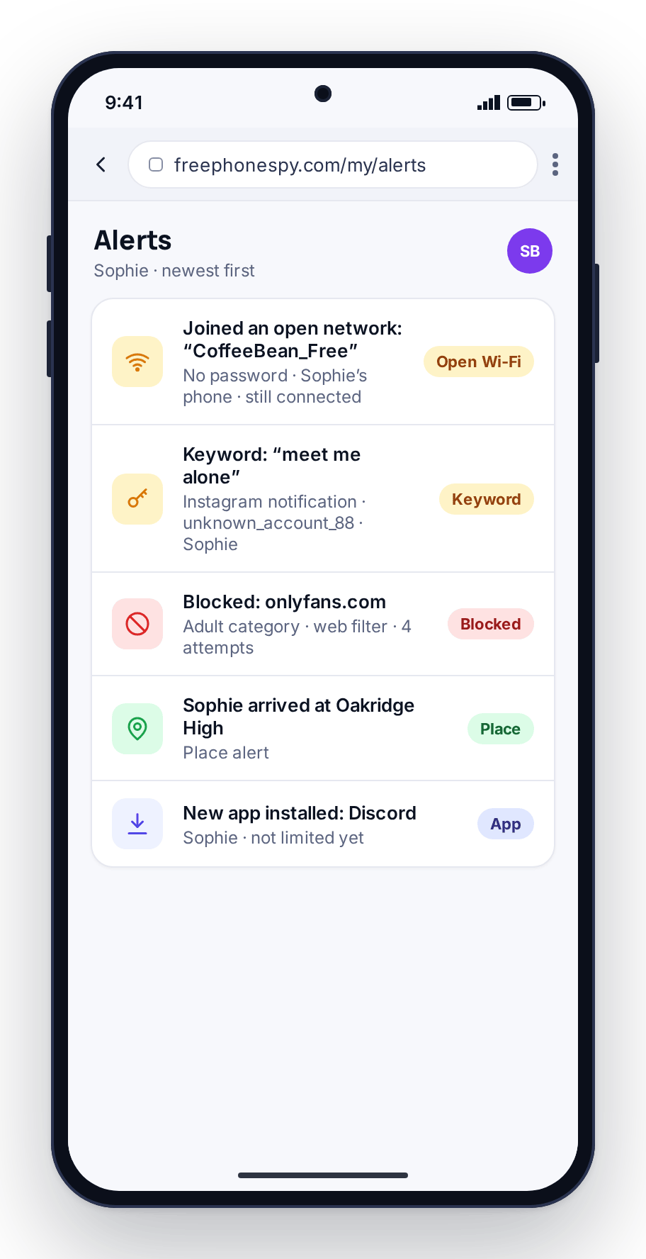 The FreePhoneSpy Alerts feed in a parent’s phone browser