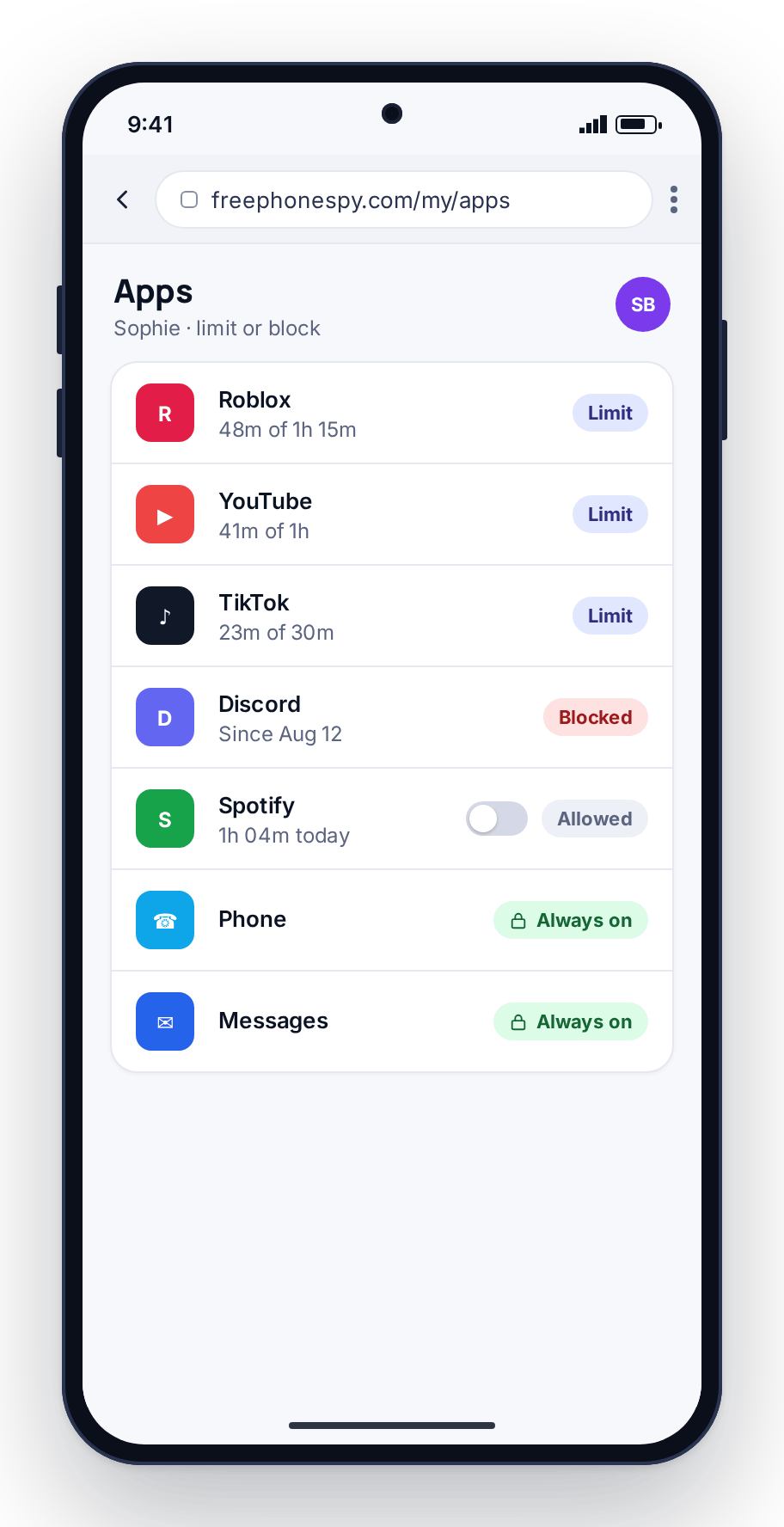 The FreePhoneSpy apps list on a parent’s phone with per-app limit and block switches