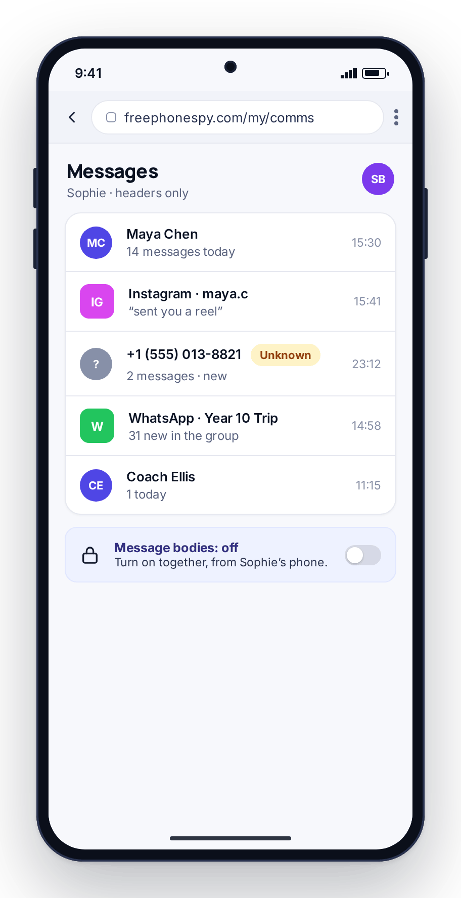 Message and social headers on a parent’s phone, who and when only, with message bodies off