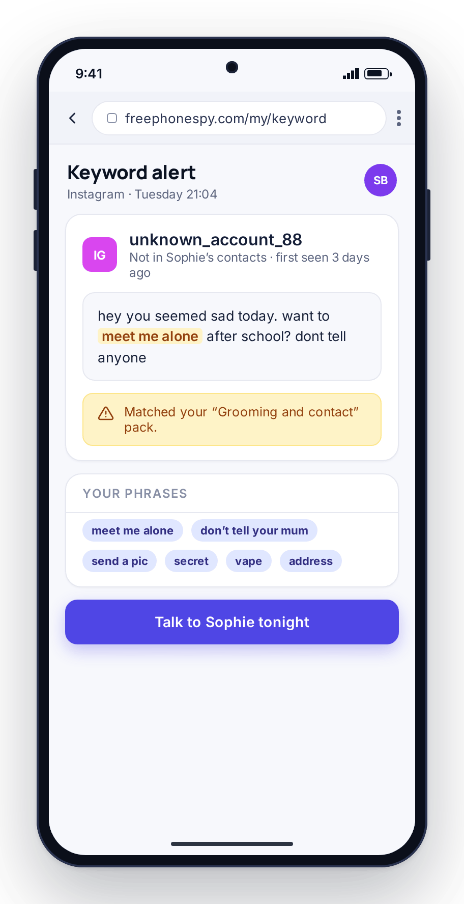 A keyword alert on a parent’s phone showing the flagged phrase and the list of phrases being watched