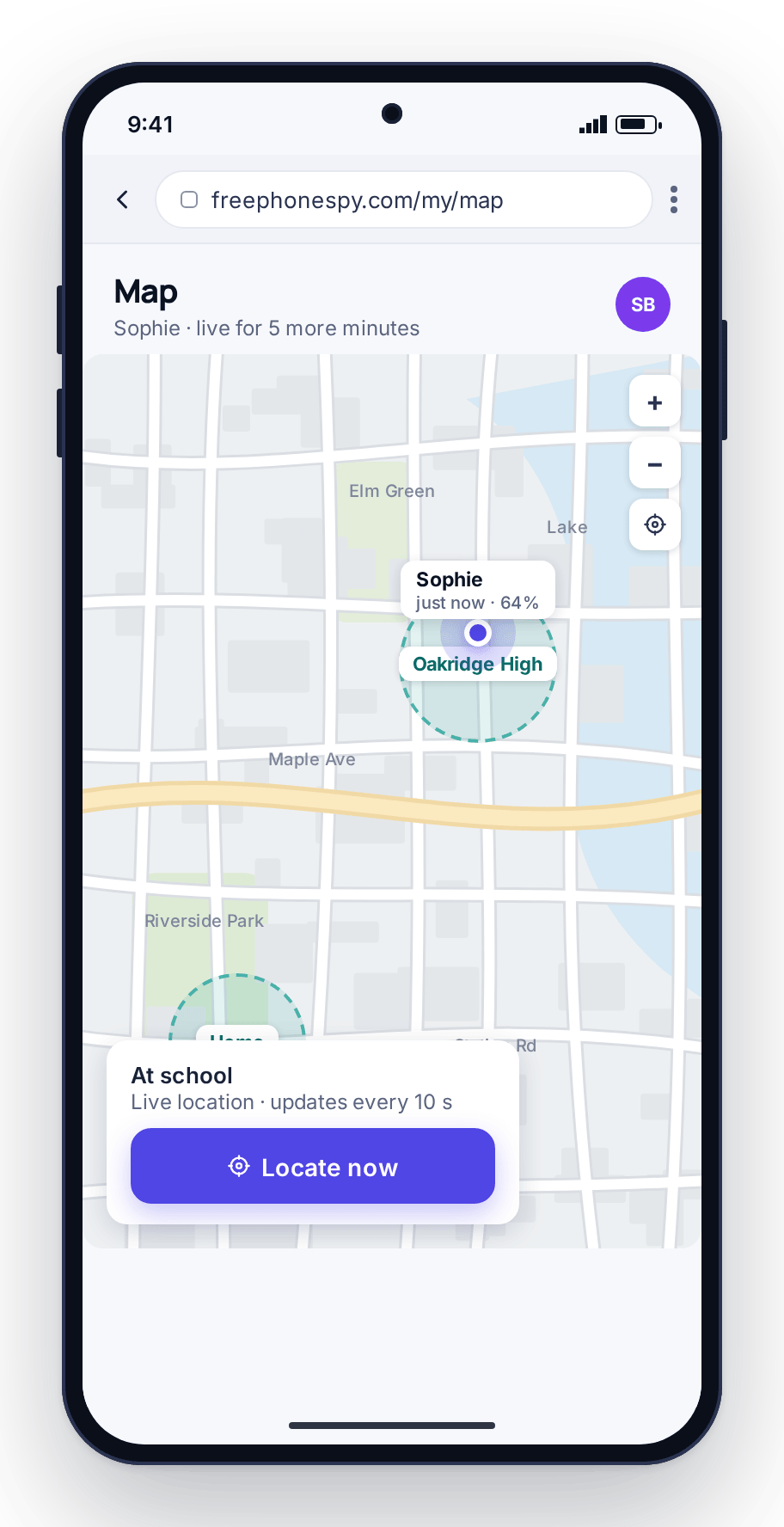 The FreePhoneSpy live map on a parent’s phone, mid live-location window, with a locate-now button