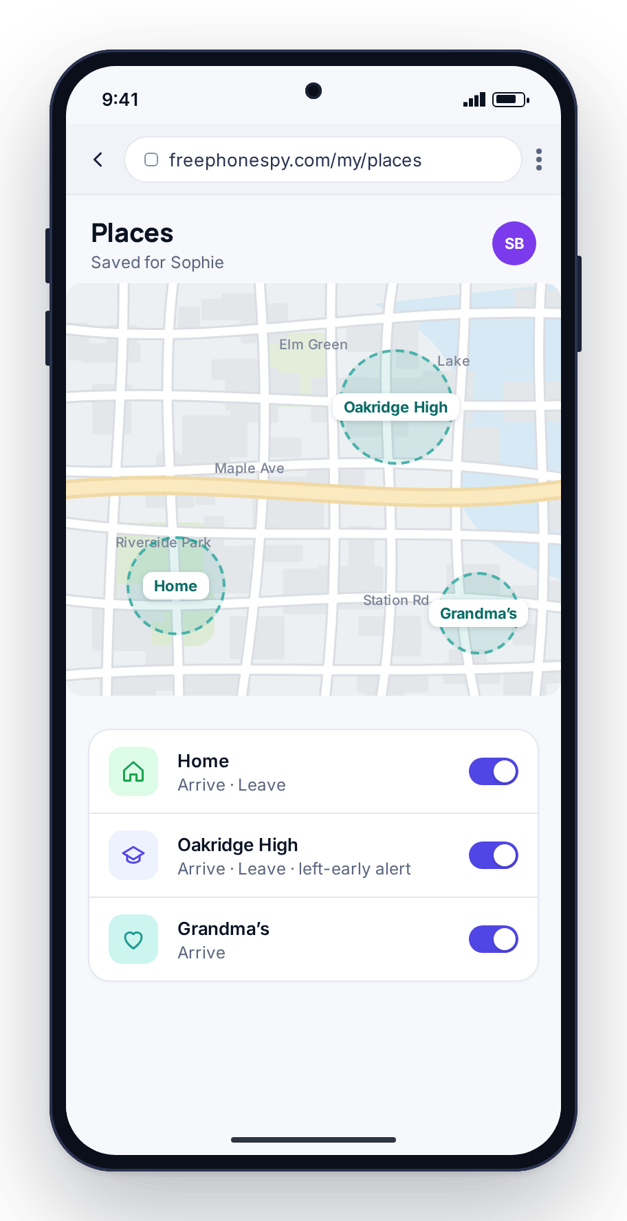 Saved Places on a parent’s phone with arrive and leave alerts for home, school and grandma’s