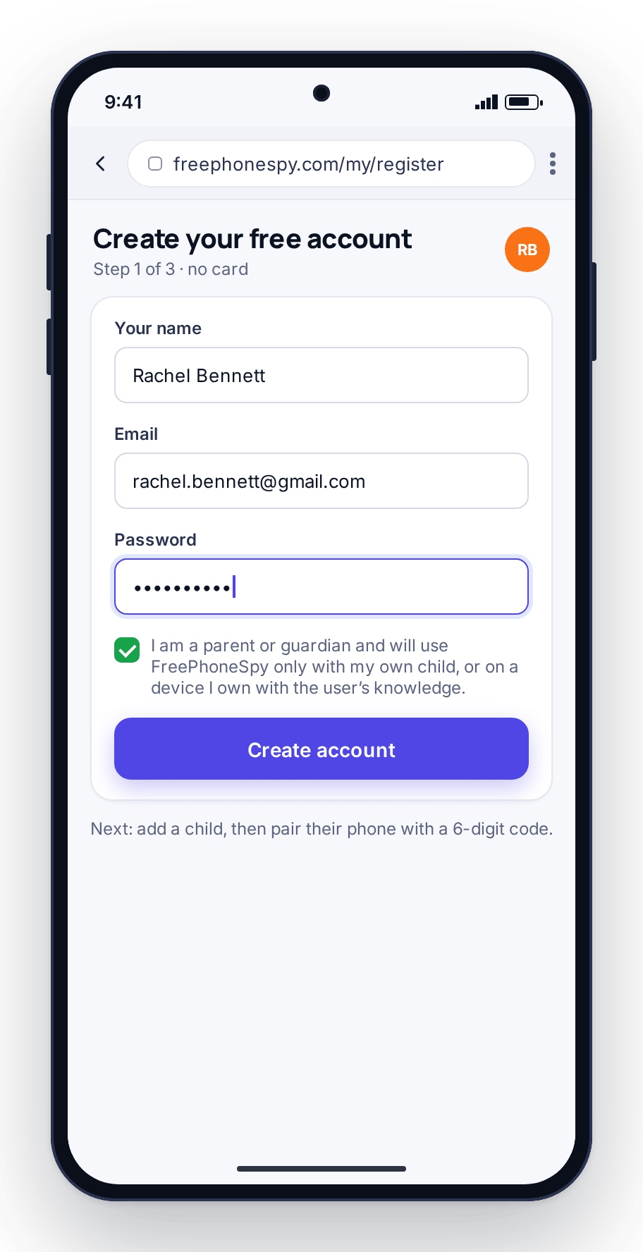 Creating a free FreePhoneSpy account in a phone browser: name, email, password and a parental consent checkbox