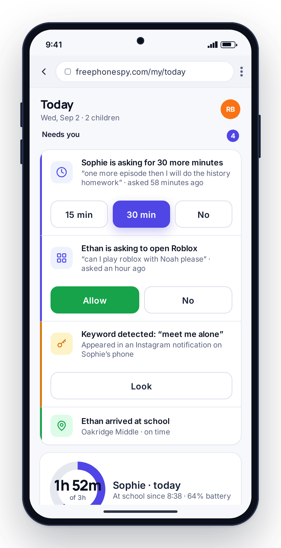 The FreePhoneSpy Today dashboard reflowed for a parent’s phone browser