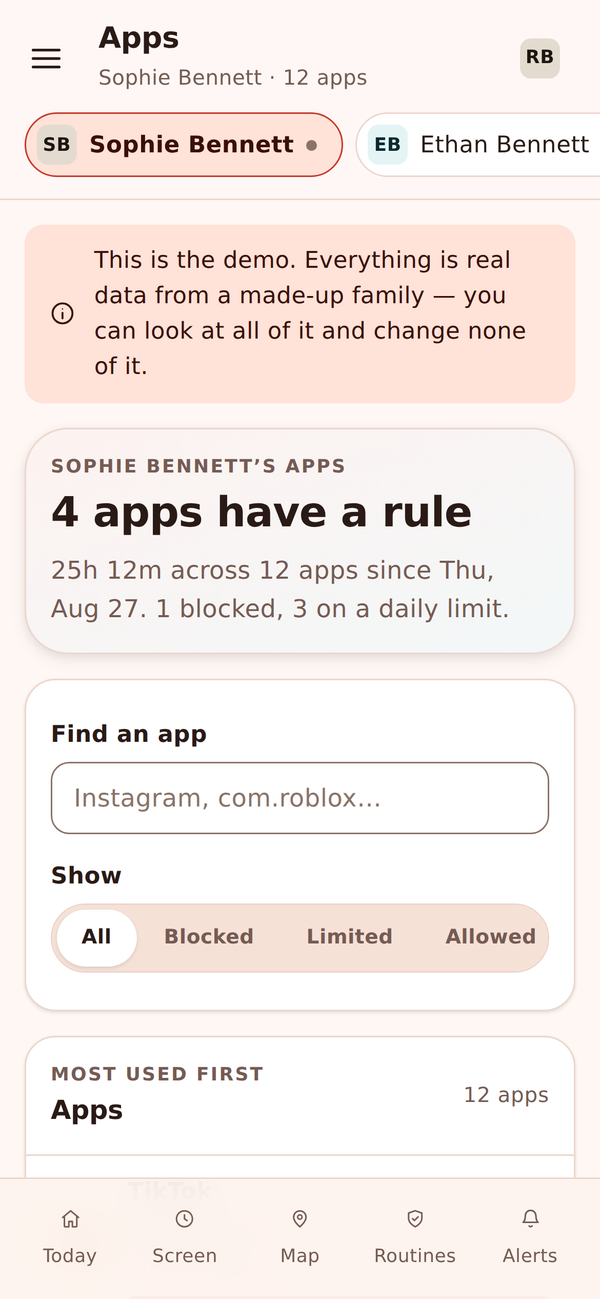 Mobile view of app limits showing per-app time caps that draw from the daily screen time budget