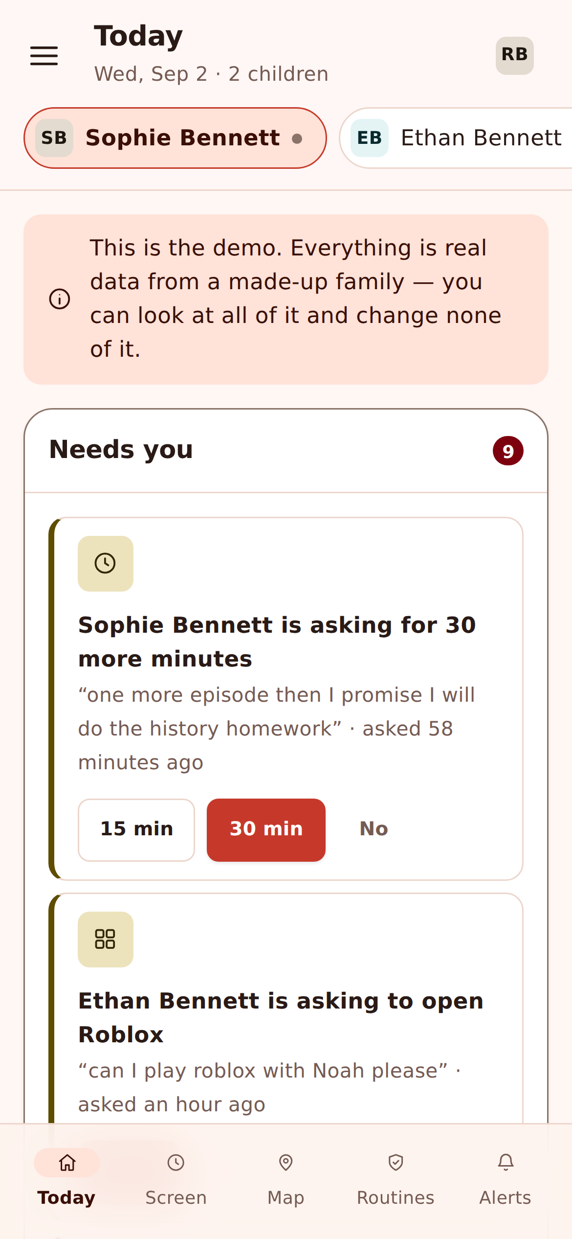 The FreePhoneSpy web dashboard reflowed to fit a parent's phone screen, showing the Today view