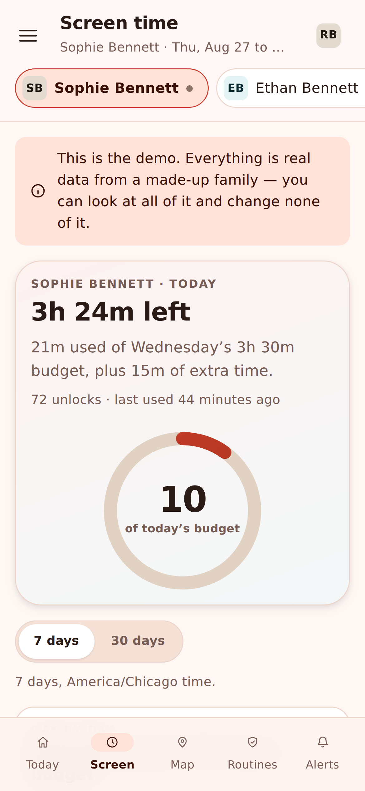 Mobile view of a child's daily minute budget with weekday and weekend totals and minutes remaining