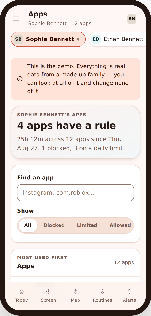 Phone mockup showing blocked apps greyed out while phone, messages and maps remain available