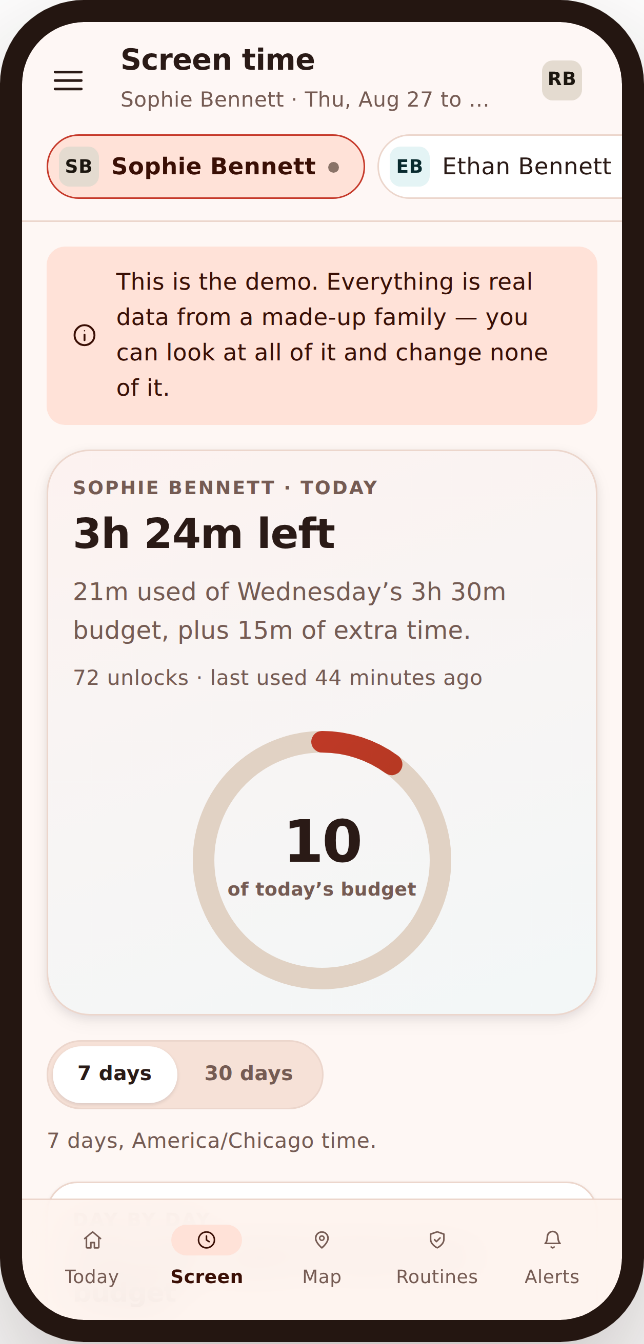Phone mockup showing a wind-down warning that the daily screen time budget is nearly used up