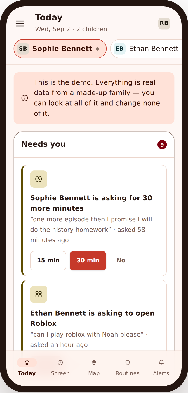 Phone mockup of the Today dashboard with a place event showing the child arrived at school
