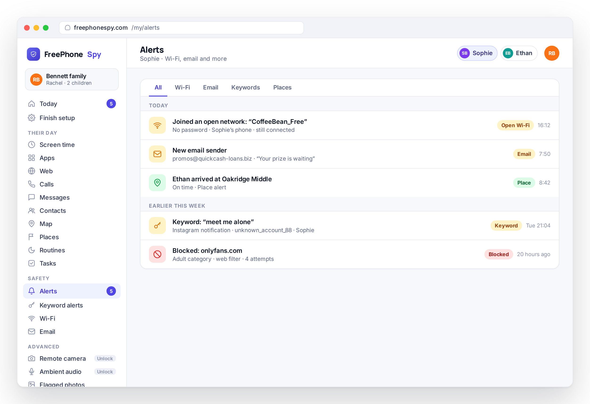 FreePhoneSpy Alerts feed with an open-network warning and a new email sender alongside the day’s place events