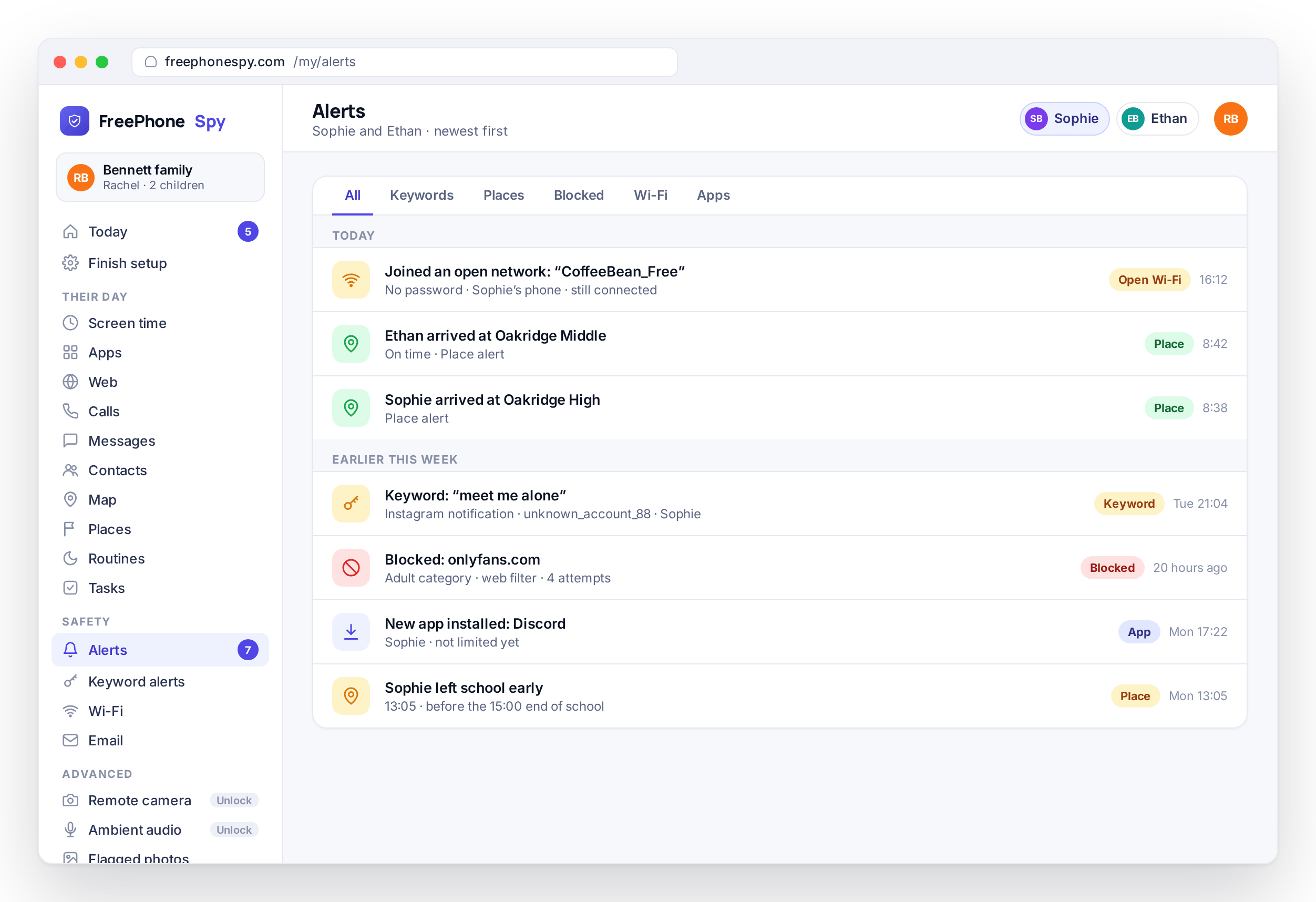FreePhoneSpy Alerts feed with an open Wi-Fi warning, school arrivals, a keyword flag, a blocked site and a new app install