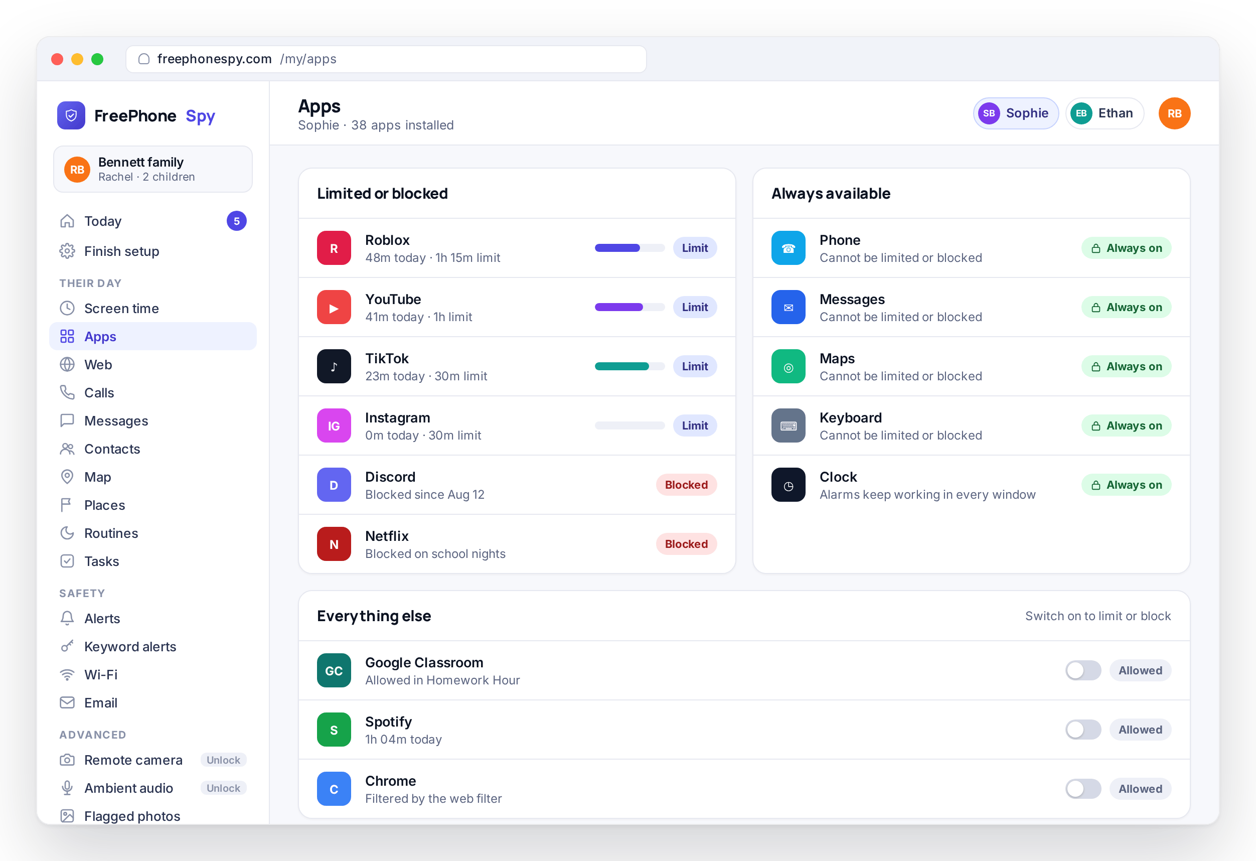 FreePhoneSpy Apps panel with per-app limits and blocks for Roblox, YouTube, TikTok and Discord, and phone, messages and maps kept always on