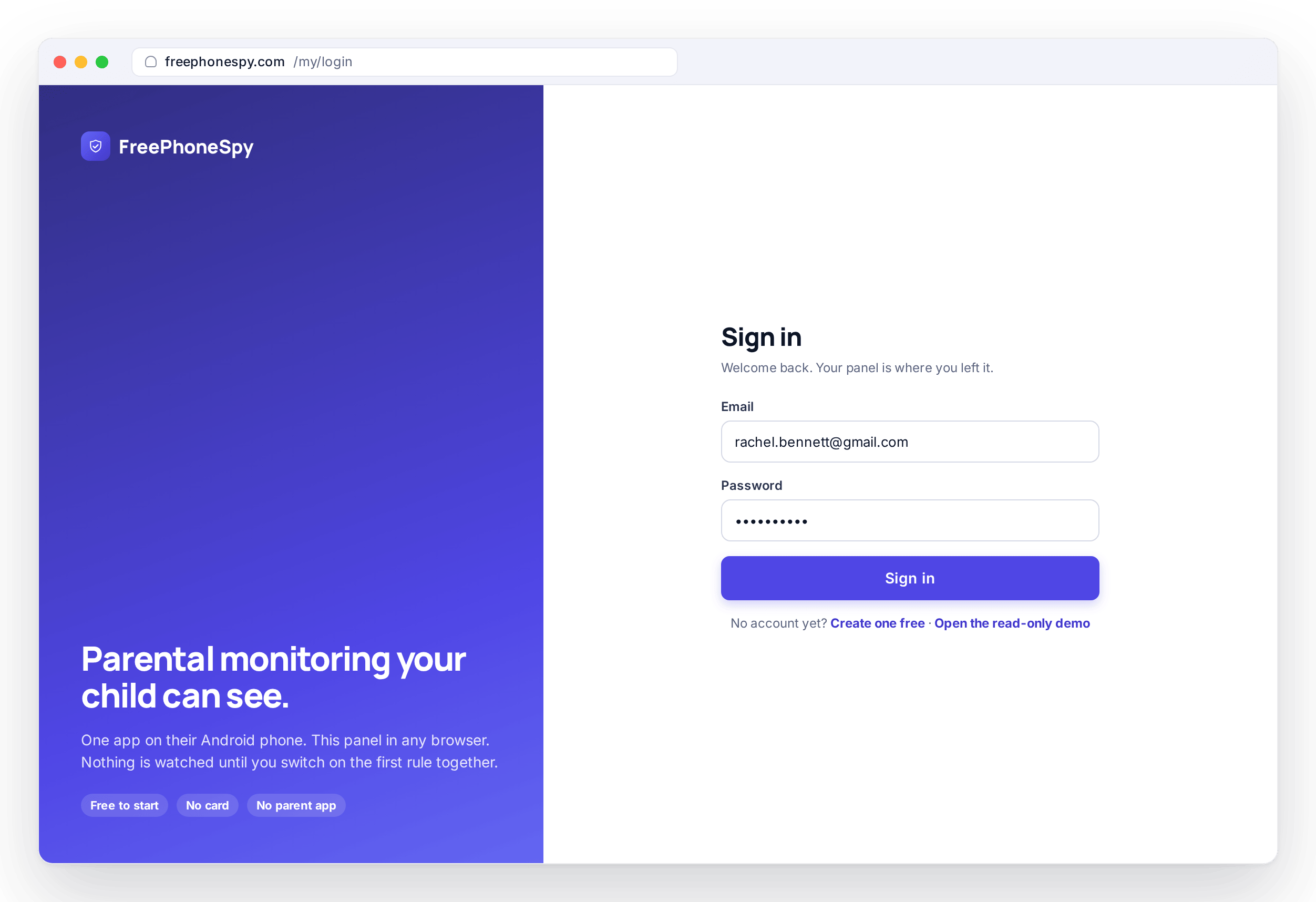 FreePhoneSpy sign-in page in a browser with a link to the read-only demo panel