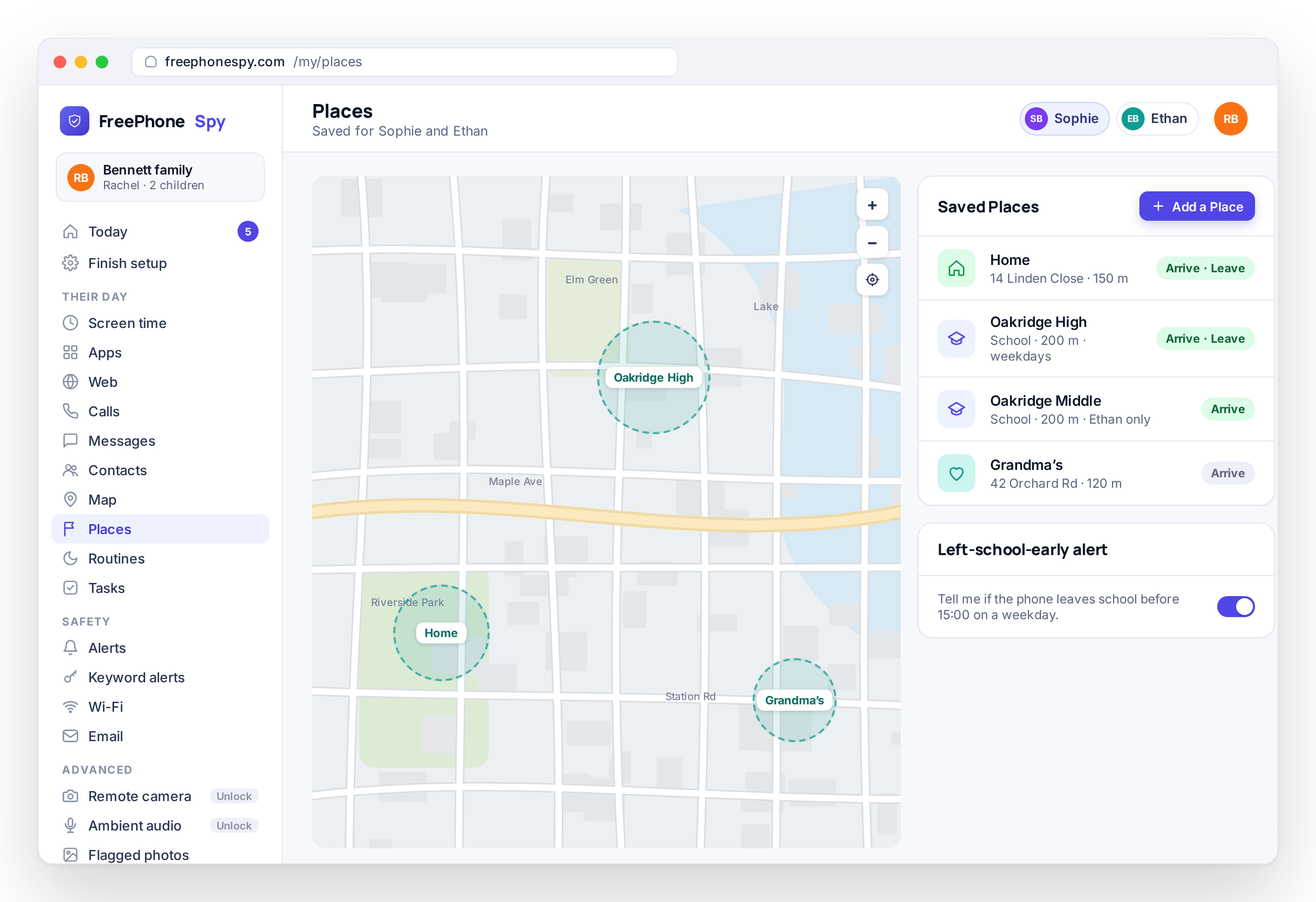 FreePhoneSpy Places screen with home, two schools and grandma’s saved as circles on the map, each with arrive and leave alerts