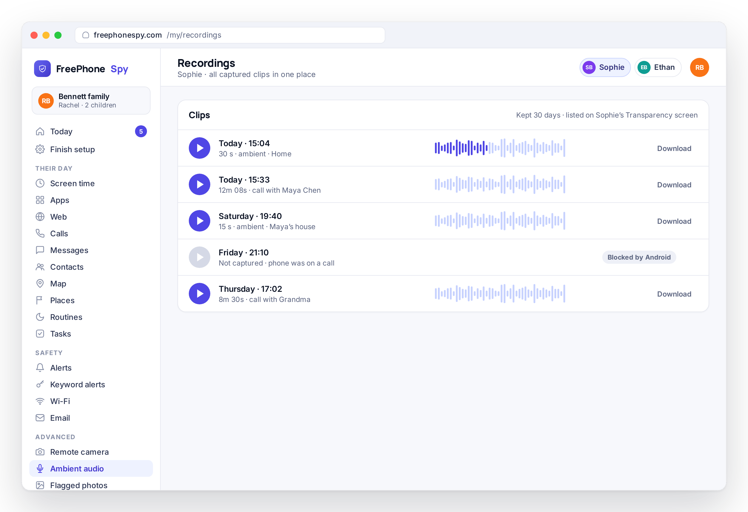 FreePhoneSpy Recordings list gathering ambient and call clips with play controls, and one Android blocked
