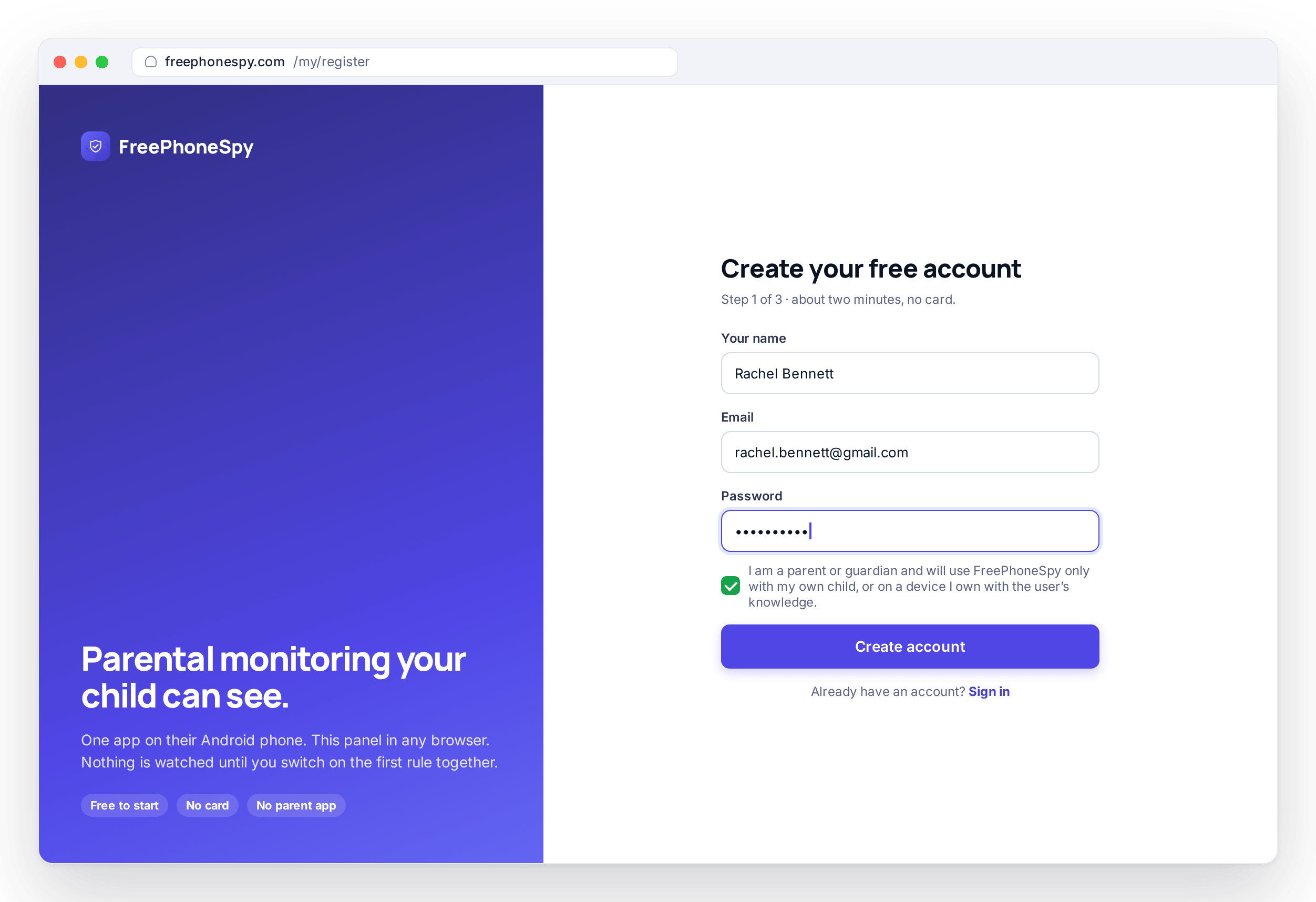 FreePhoneSpy create-account page in a browser: name, email, password and a parental consent checkbox, no card