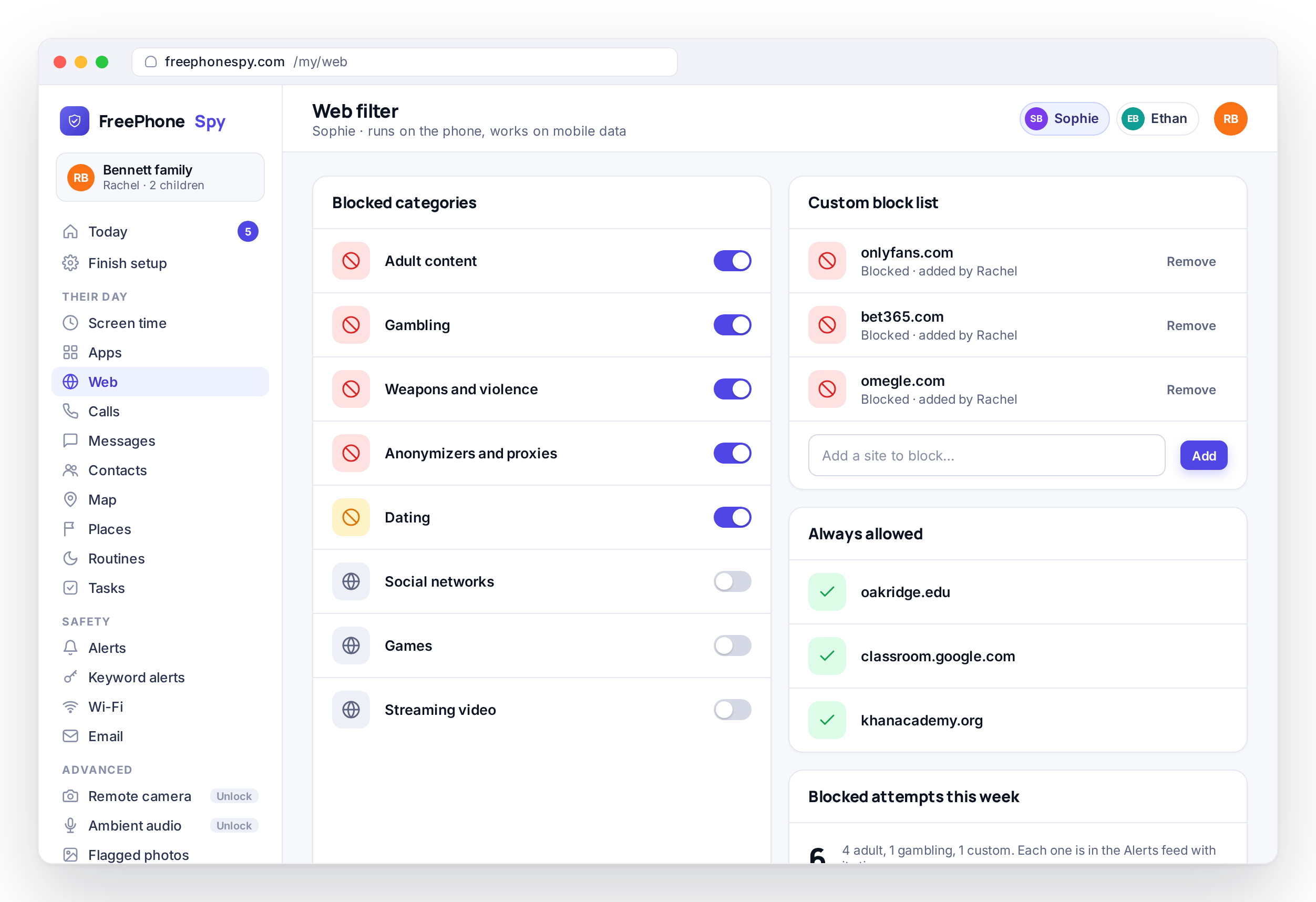 FreePhoneSpy web filter panel with adult, gambling and weapons categories blocked, a custom block list and an always-allowed list
