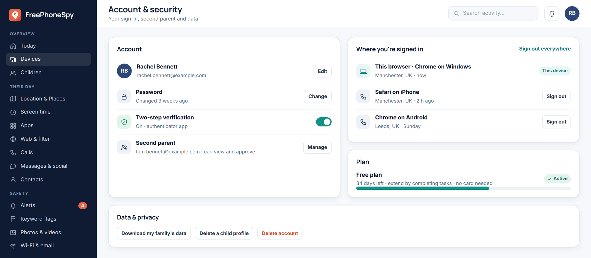 FreePhoneSpy web panel: account and security settings with two-step verification, a second parent, signed-in devices and data controls