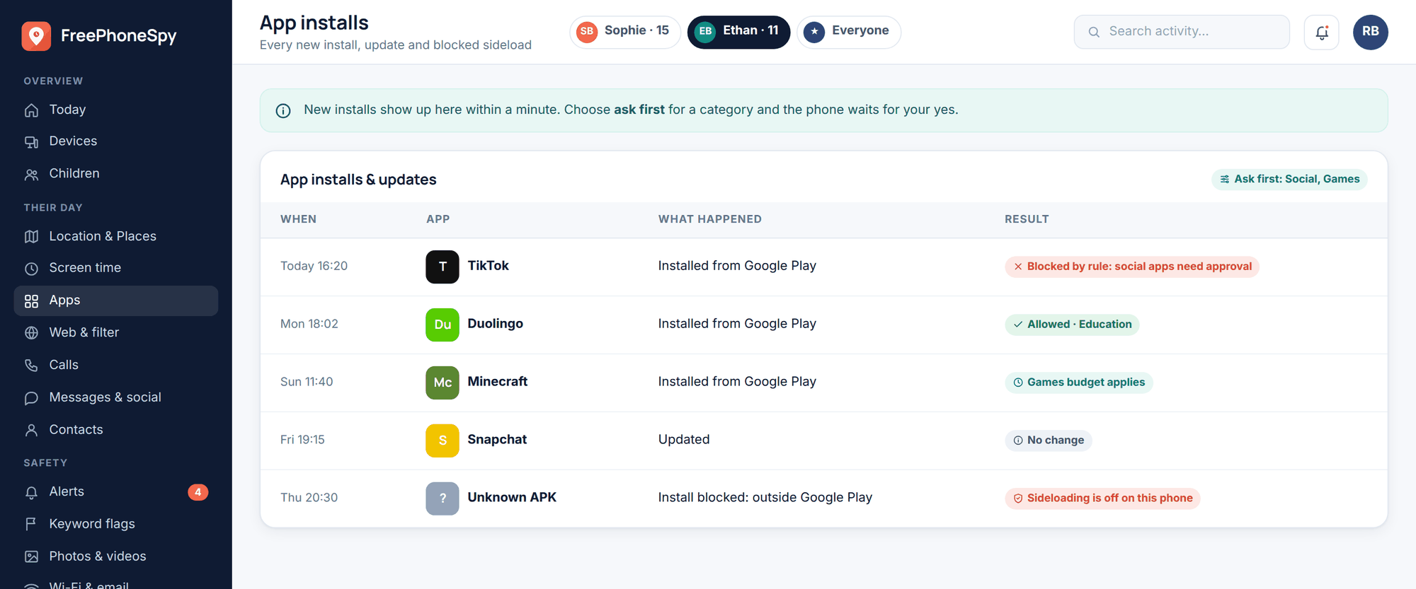 FreePhoneSpy web panel: app install history showing new installs from Google Play, one install waiting for approval and a blocked sideload
