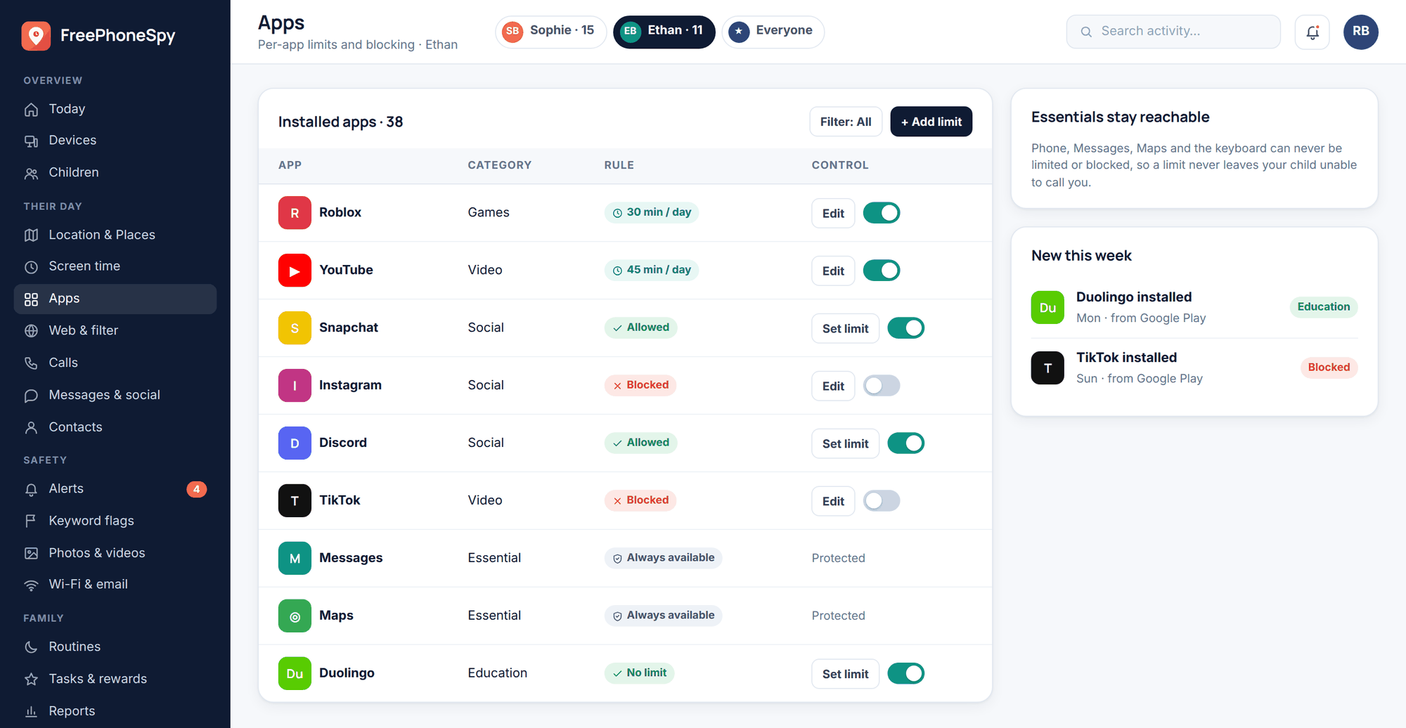 FreePhoneSpy web panel: installed apps list with per-app time limits and block toggles; Phone, Messages and Maps are marked as protected essentials