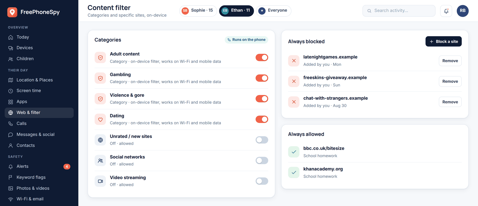 FreePhoneSpy web panel: on-device content filter with category toggles (adult, gambling, violence, dating) and lists of always-blocked and always-allowed sites