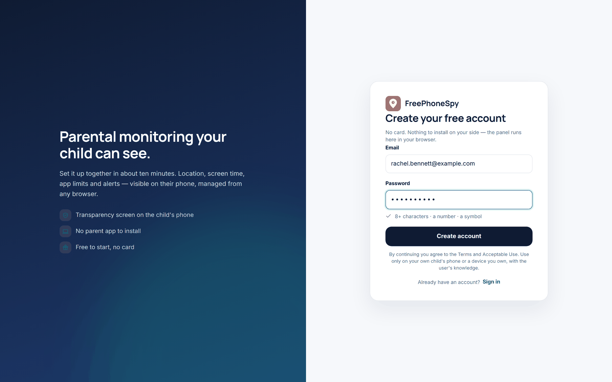 FreePhoneSpy sign-in page in a browser where a parent creates a free account — no card and nothing to install on the parent’s side