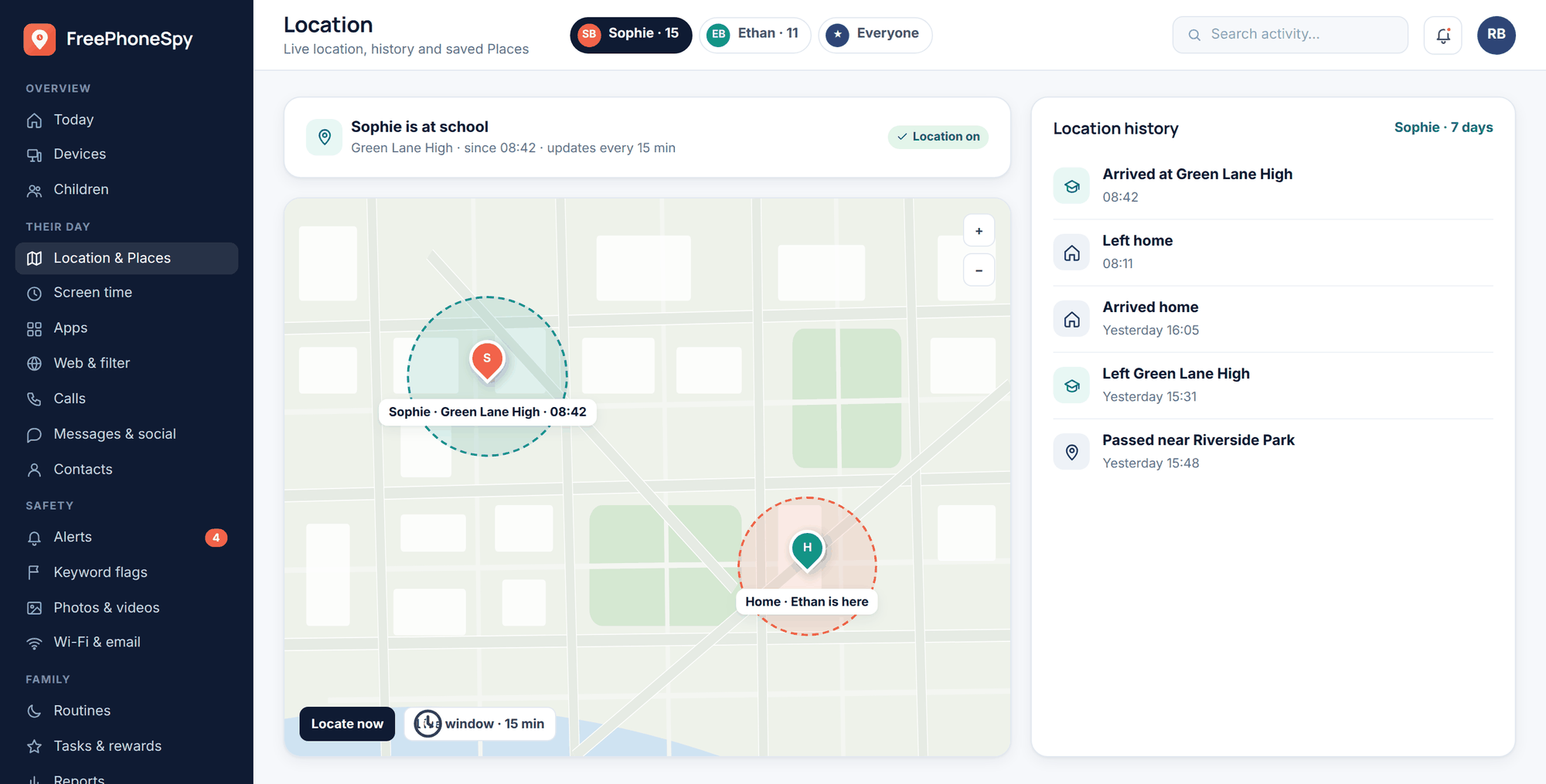 FreePhoneSpy web panel: live location map showing a child at school, a saved Home place, and a location history sidebar