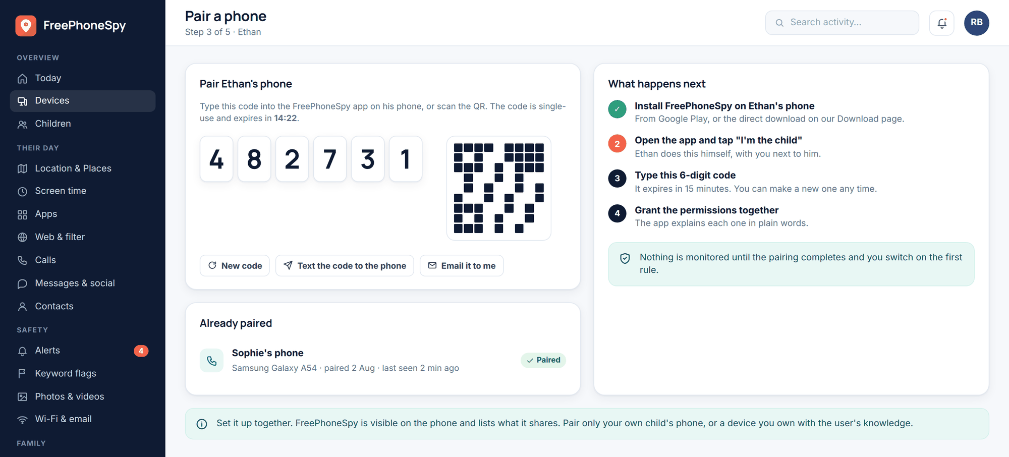 FreePhoneSpy web panel: “Pair a phone” screen showing a one-time 6-digit pairing code, a QR option and the next steps to complete on the child’s phone