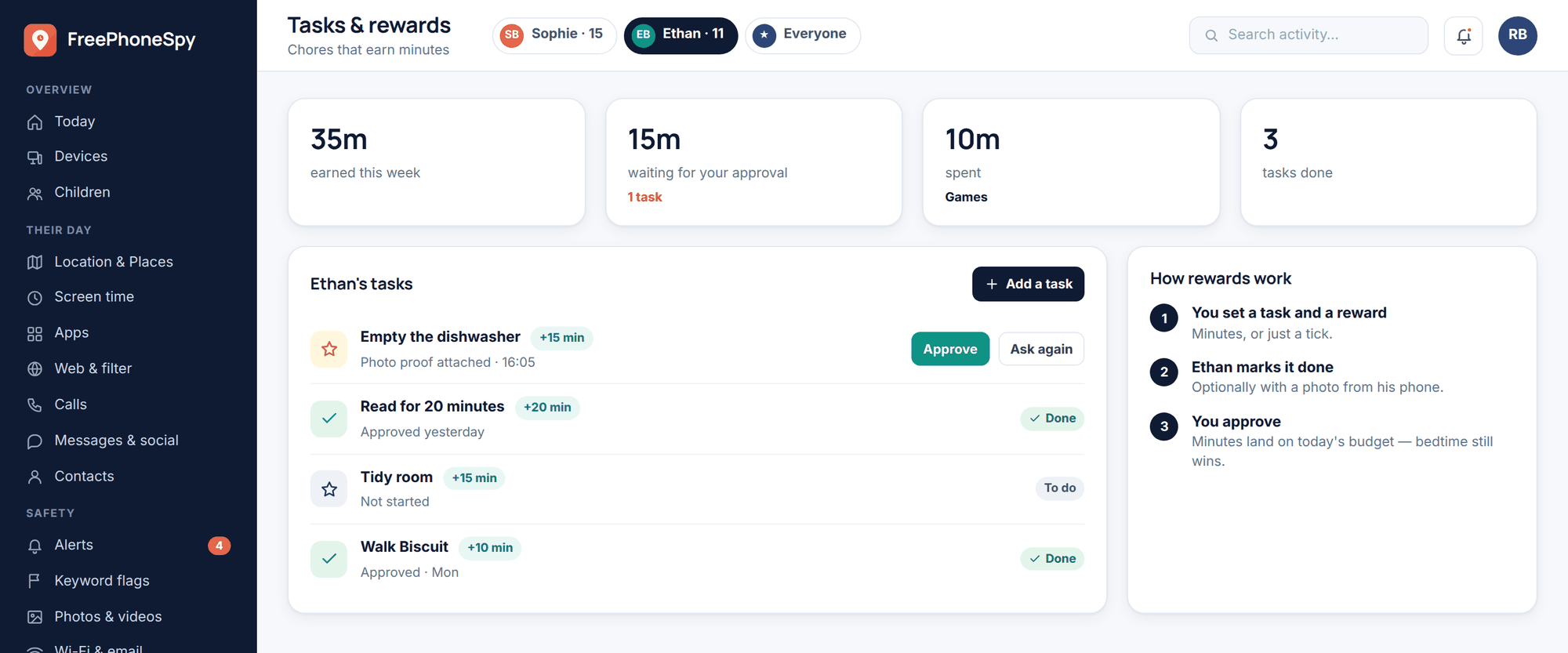 FreePhoneSpy web panel: Tasks & rewards with chores worth minutes, one task waiting for approval with photo proof, and how rewards work