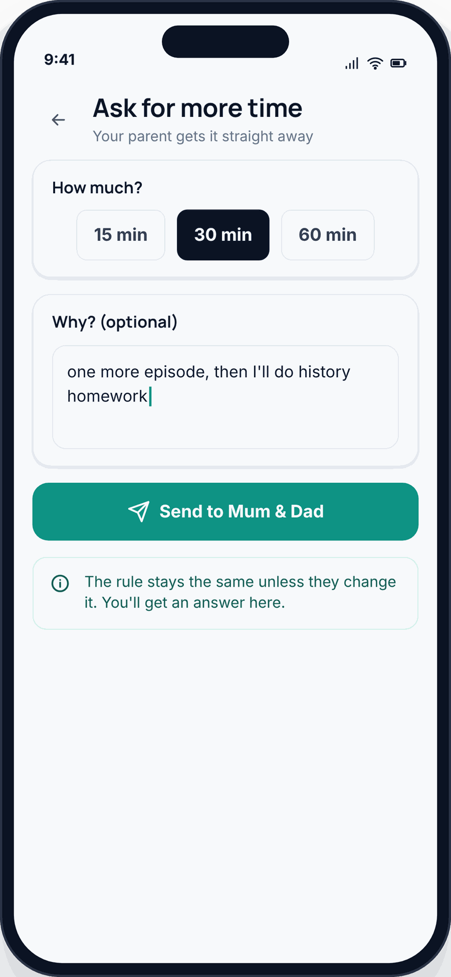 The FreePhoneSpy child app where the child asks for 15, 30 or 60 more minutes and adds a reason that is sent to the parent